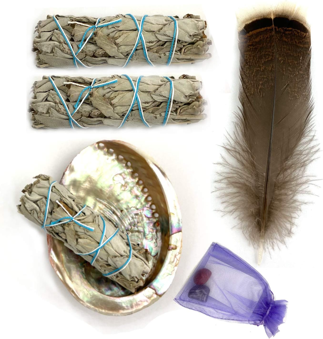 Smudge Kit Essentials - Abalone Shell, Sage, Palo Santo, Feather, Chakra Palace Instructions for Spiritual Healing and Meditation