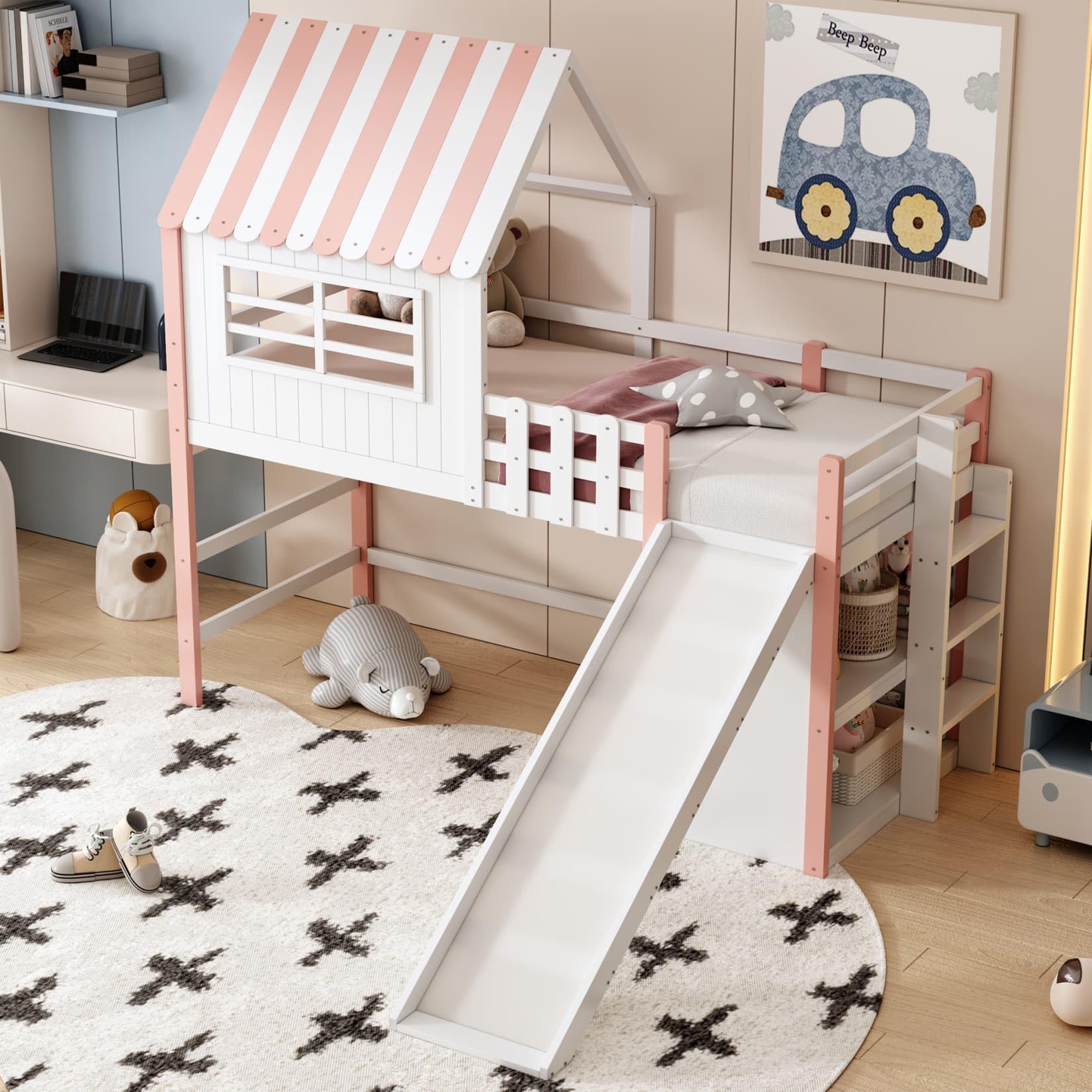 Lit Mezzanine Enfant 1 Place,Lit Cabane Enfant 90x200 avec Toboggan,Étagères,Haute Barrière de lit,pour Enfants Garçons Filles (B-Rose, 90x200)