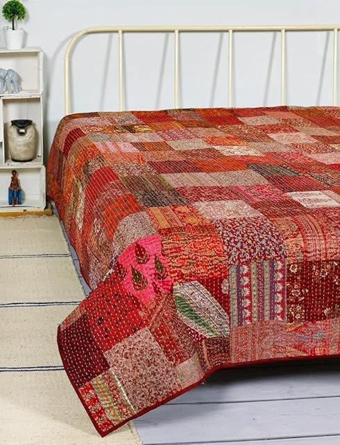 Varprada - Mix Red Silk Sari Patchwork Kantha Work Blanket for Sale Boho Vintage Bedspreads Throw Blanket Bohemian Bedding Handmade Quilt 108x90 inch Queen Size