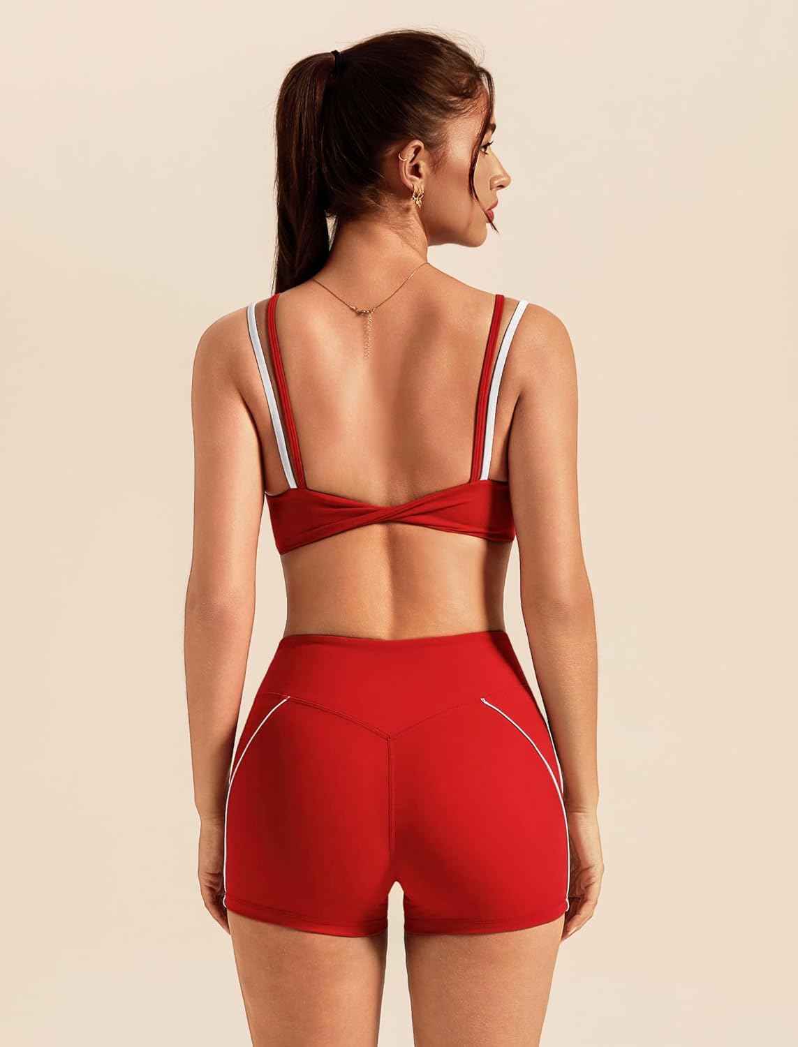 ABOCIW Workout Sets for Women 2 Piece Twist Back Layered Sports Bra Mini Shorts Yoga Pilates Outfits Active Wear