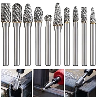 10Pcs Carbide Burr Set 1/4" Shank Die Grinder Bits Double Cut Carbide Rotary Burr Set Rotary Tool Accessories for Metal Wood Stone Steel Grinding Deburring Cutting Carving Engraving Drilling Porting