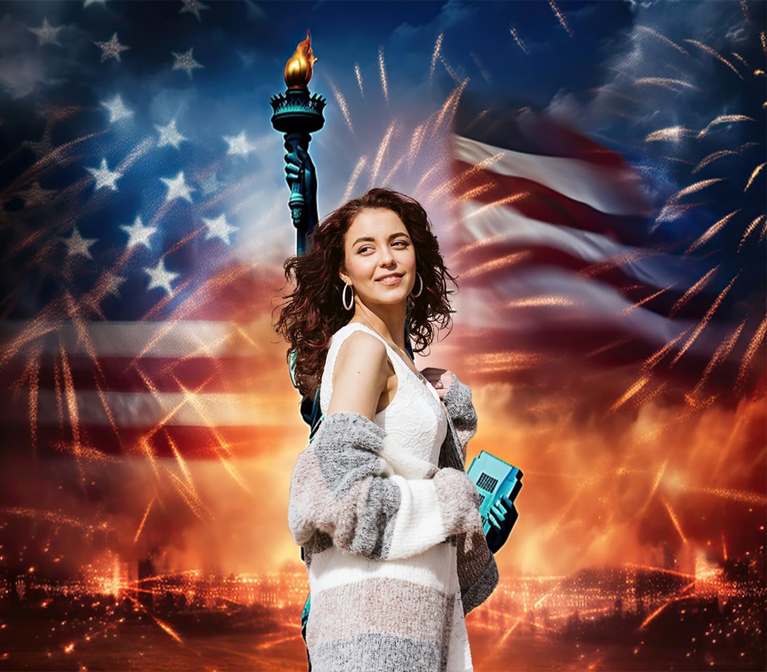 7x8ft Statue of Liberty Garage Door Decor America Stars and Stripes Huge Statue Patriotic Fireworks City Garage Door Cover for 4th of July Veterans Memorial Day Garage Door Decor