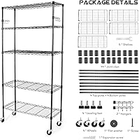 Vista 8 de YNN Storage Shelves,1750Lbs 5 Tier Heavy Duty Metal Rolling Shelving Unit with Wheels & 8 Hooks, Adjustable Garage Wire Rack for Kitchen, Negro