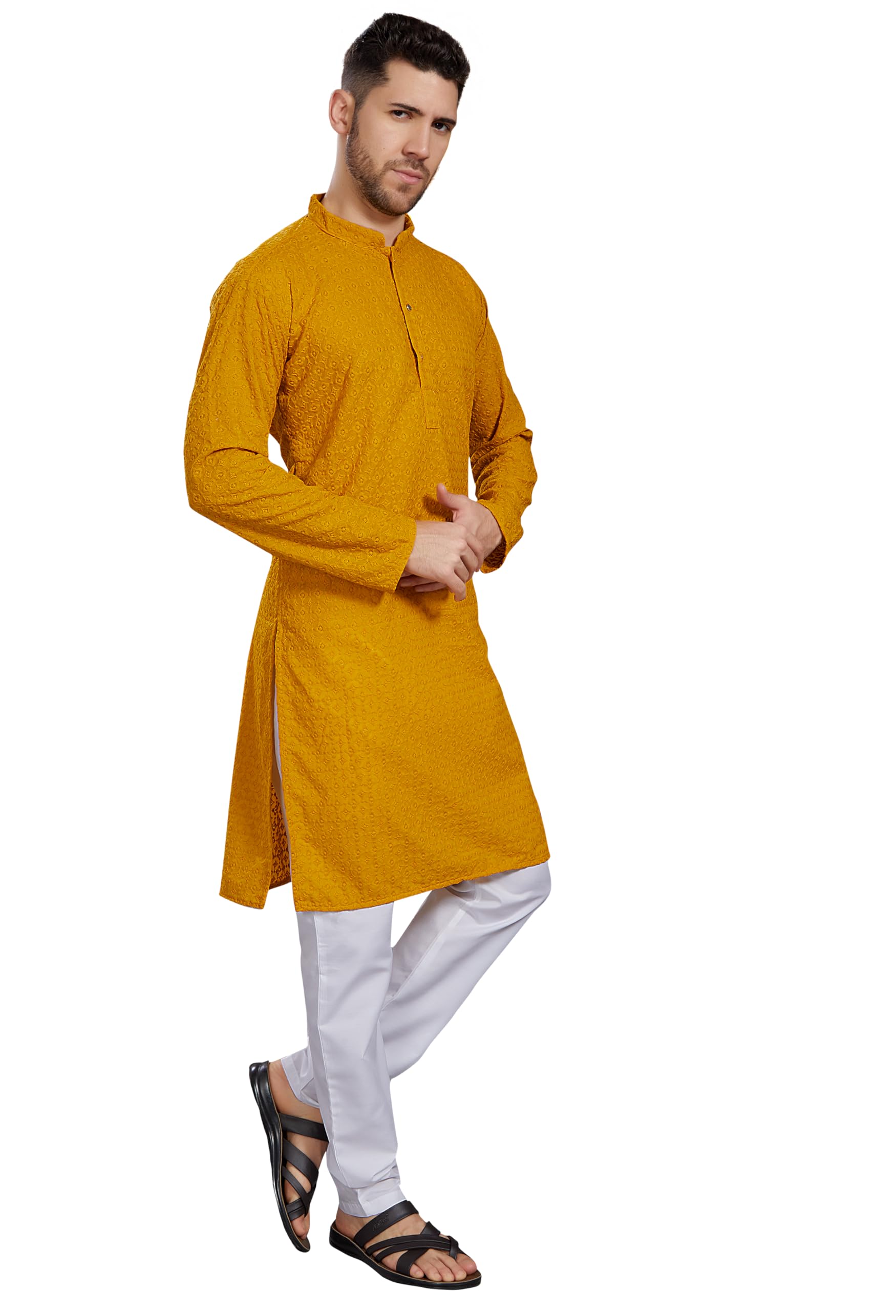 Divisive Men's Thread Embroidered Cotton Blend Only Slim Fit Kurta (Dkrt785_S_Yellow)