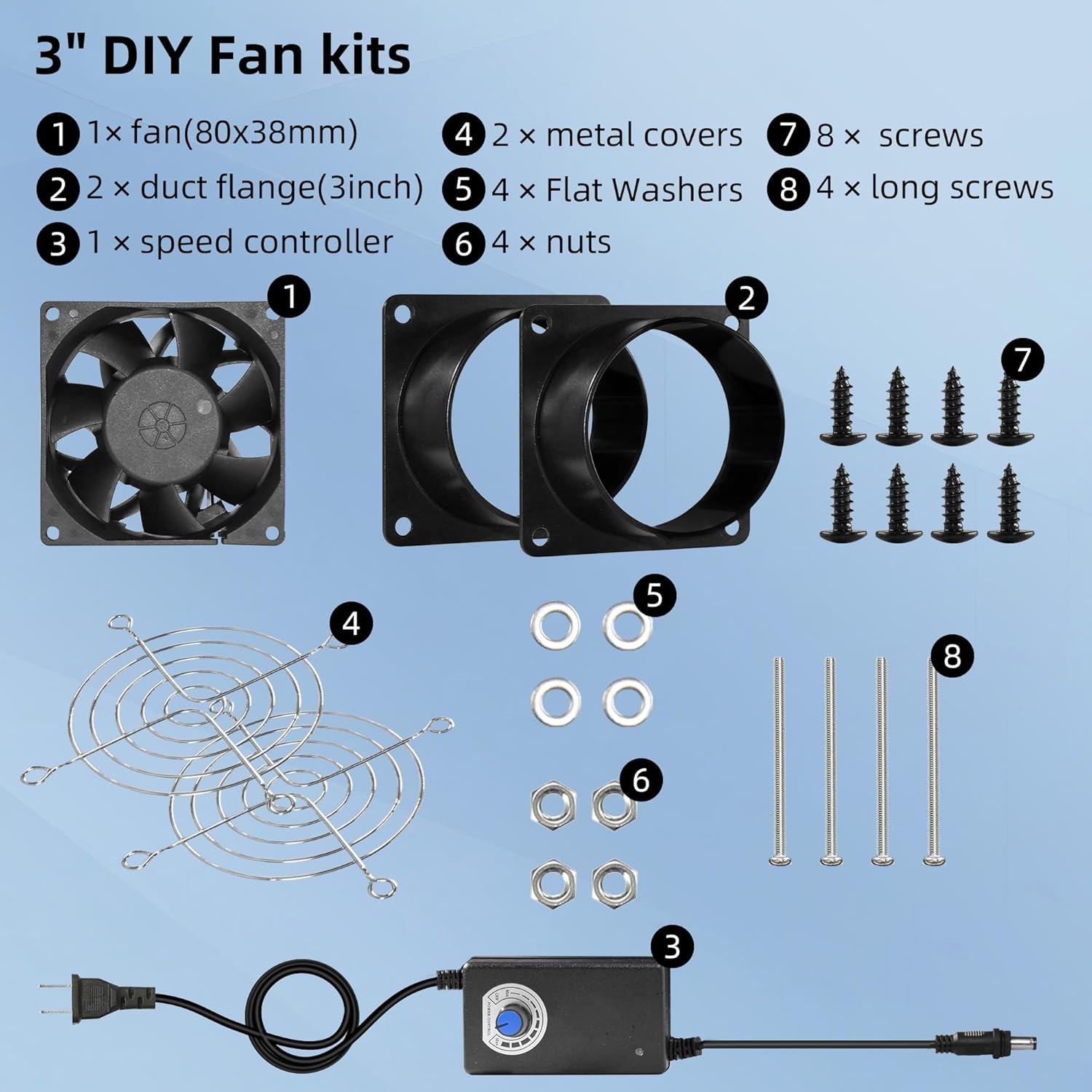 3.15” 12V DC Small Exhaust Duct Fan with Speed Control and 2-Pack 3" Square to Round Duct Flanges for Solder Fume Extractor, Laser Engraver, 3D Printer, Soldering Smoke and DIY Cooling