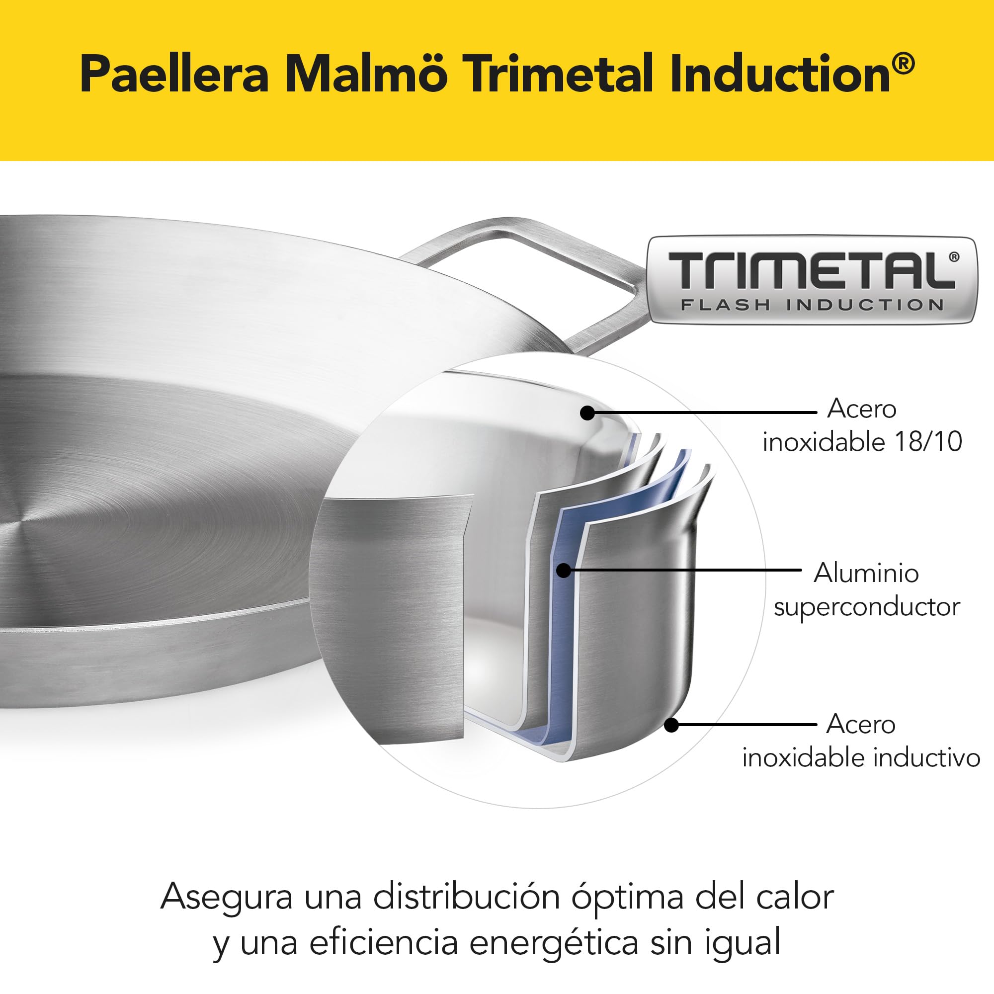 Castey - Paellera Inox Malmö, M-V40, Color plata, 40 cm, Acero inoxidable, Trimetal induction, libre de PFAS, Apta para todas las cocinas.