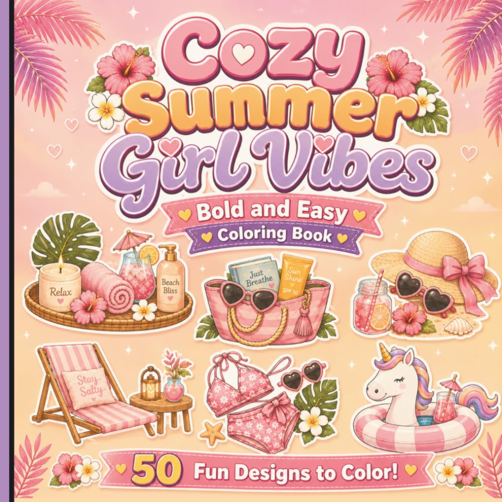 Cozy Summer Girl Vibes Bold and Easy Coloring Book: Cute Aesthetic Summer Scenes with Thick Lines for Relaxation and Stress Relief (Pocket Joy Bold and Easy)