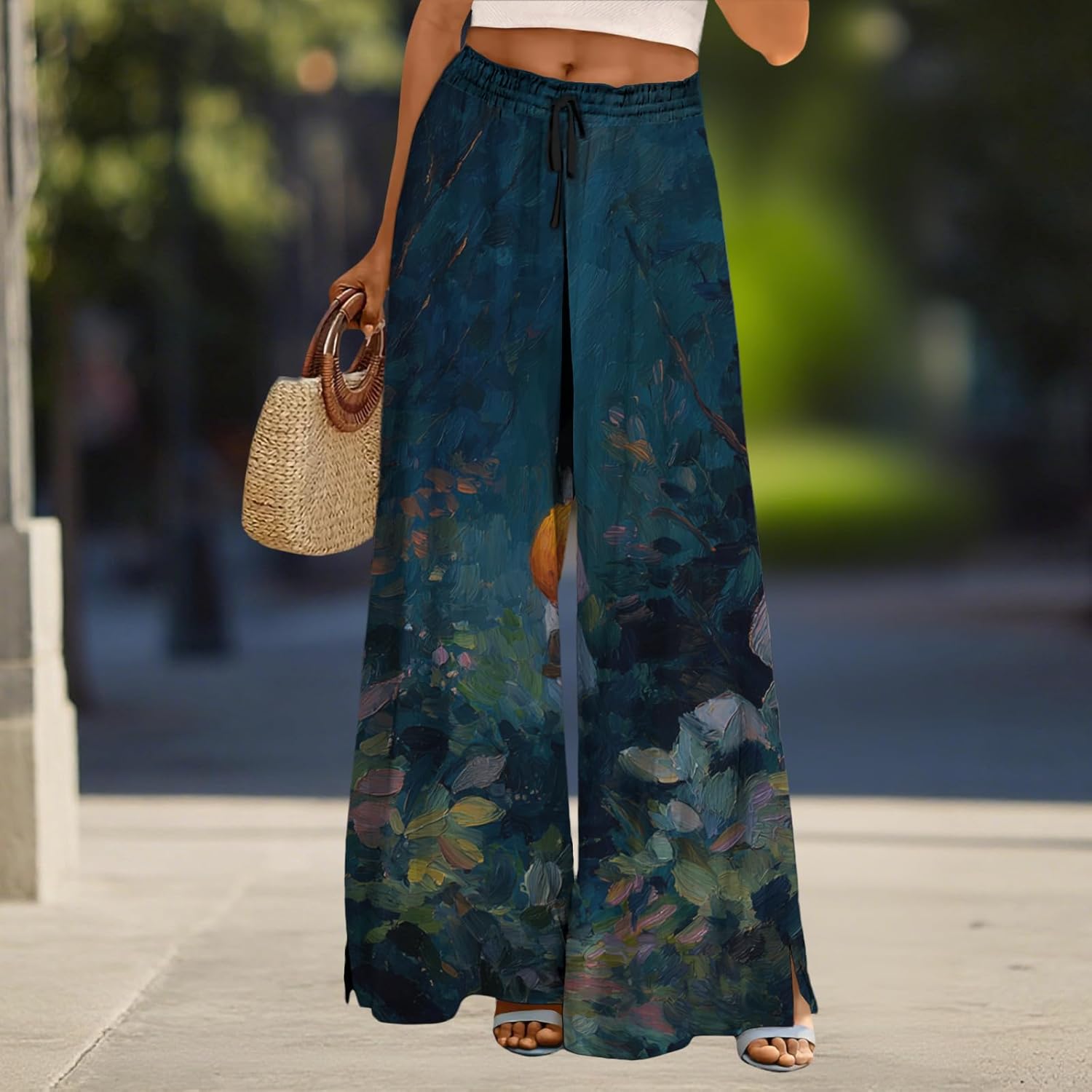 Womens Palazzo Pants Novelty Halloween Printed Casual Trousers Elastic High Waisted Lounge Pants