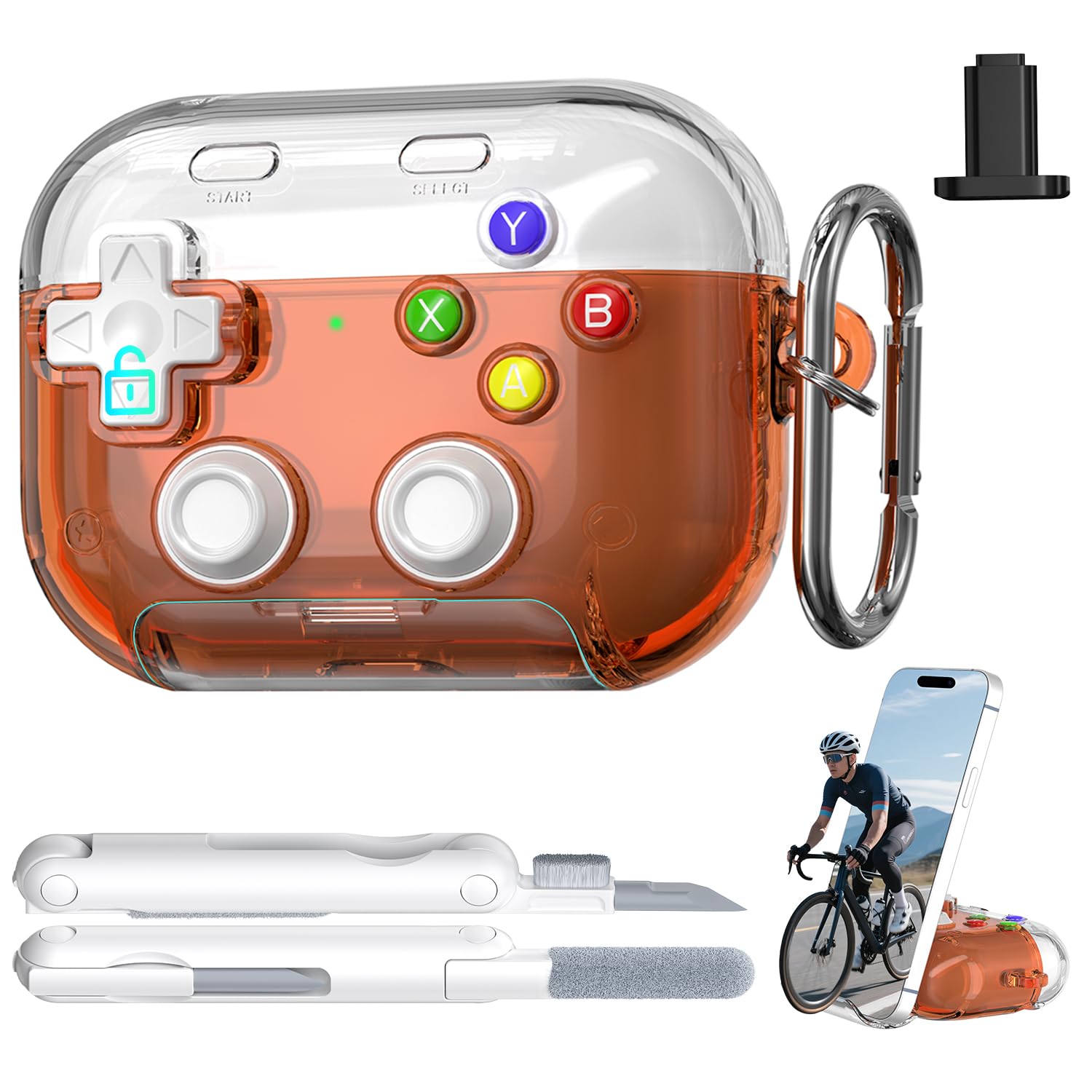 RFUNGUANGO - Funda para AirPods Pro 3 con Cierre y Kit de Limpieza, Transparente, rígida, para Videojuegos, con Soporte para teléfono Integrado, antigolpes (Naranja) - 1