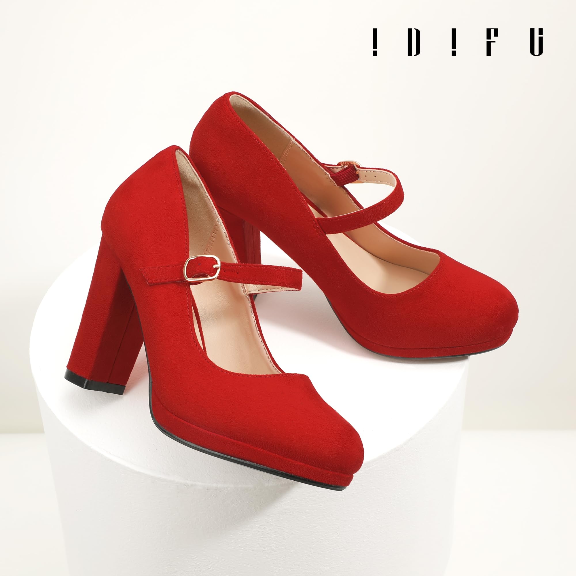 IDIFU IN4 Mary Jane Shoes Closed Toe Heels Platform High Chunky Block Heels Women's Pumps Comfortable Dress Shoes for Women Wedding Bridal Work Fashion Round Toe Pumps Shoes: 10 Red Suede
