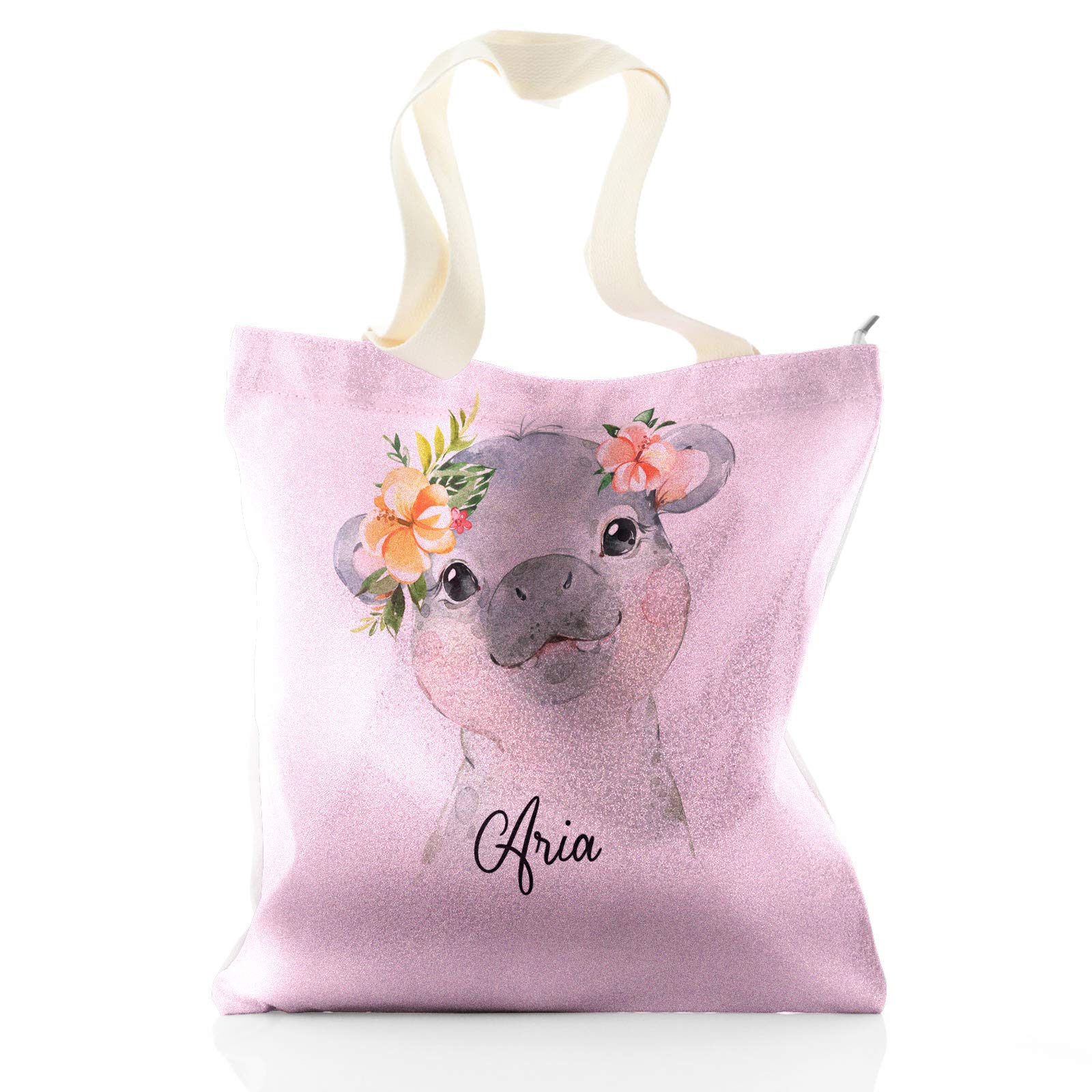 Personalised Tote Bag, Pink Glitter Bag Customised with Initial/Name/Text, Hippo Peach Flowers Design, Gift Bag, Shopping Bag, Size: (37cm x 34cm)