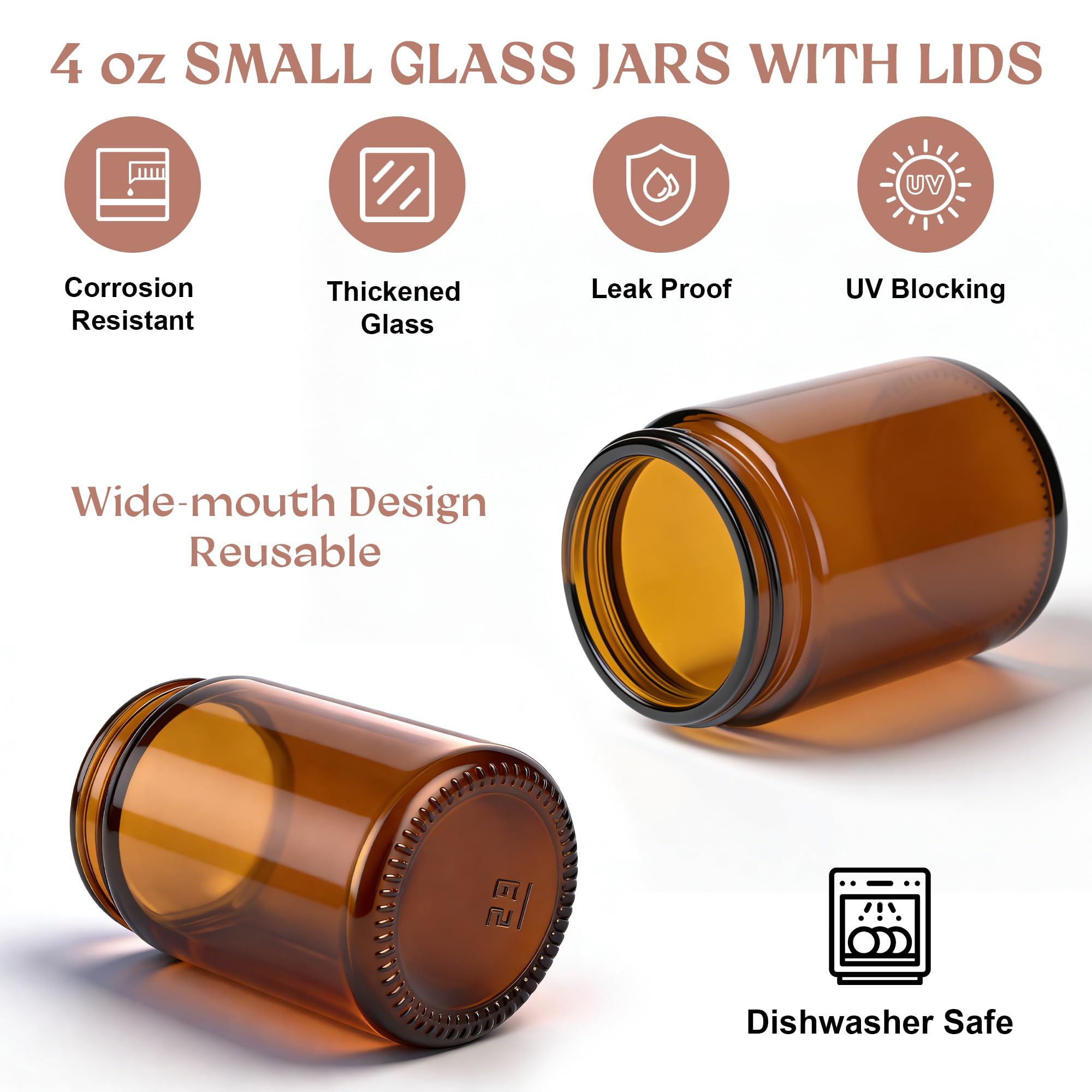 4oz Amber Glass Jars with Lids,Cosmetic Containers with Inner Liners for Creams, Lotions, Body Scrubs, Salve Jars,4 Pack - 2