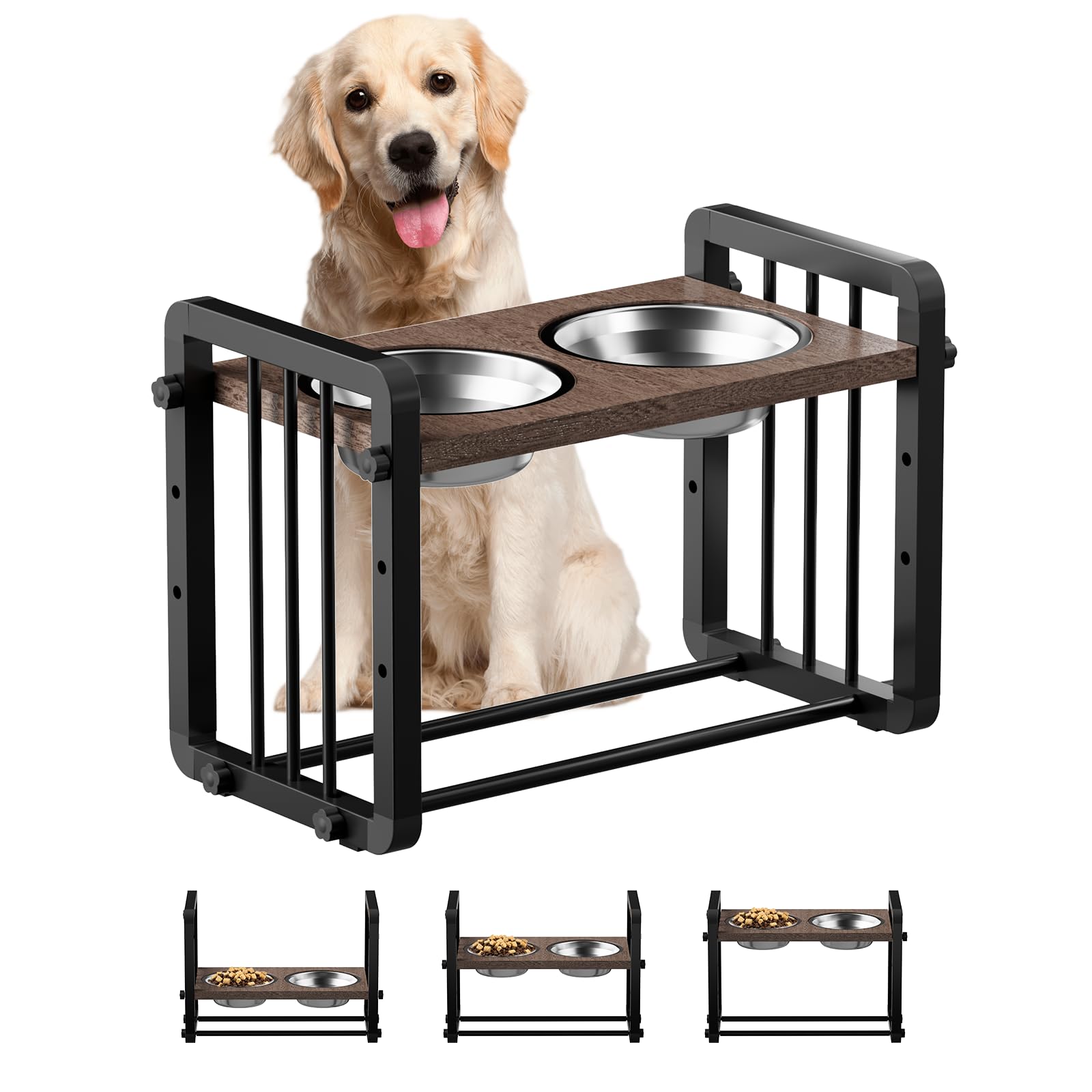 Elevated Dog Bowls,Height Adjustable Metal &Wood Raised Dog Bowl with 2 Pack Stainless Steel Dog Food & Water Bowls,Non-Slip Dog Bowl Stand for Small Medium Dogs,Cats and Pets