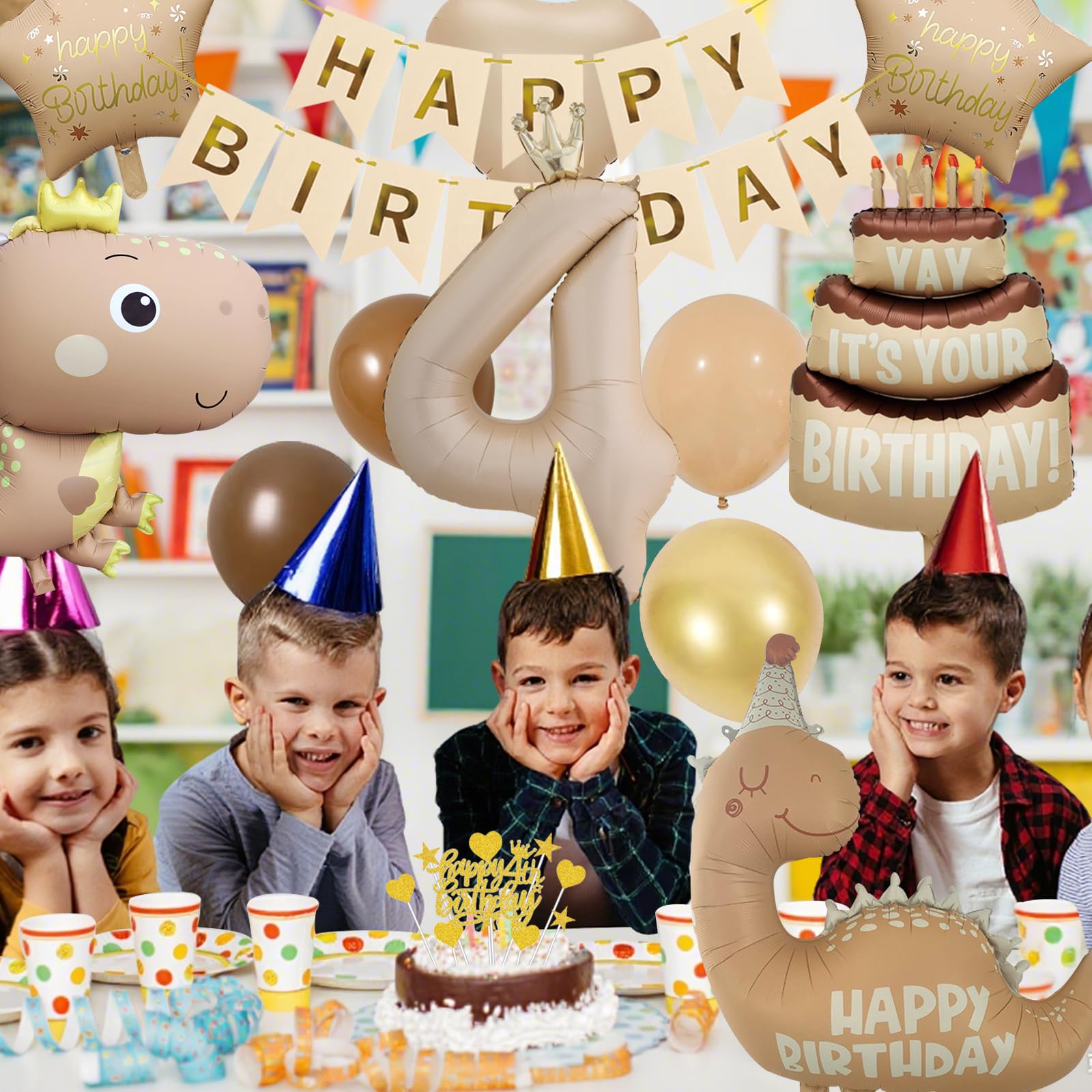 Decoración Cumpleaños Dinosaurios 3 Años - Globos Metálicos, Banderines, Temática Café Y Oro