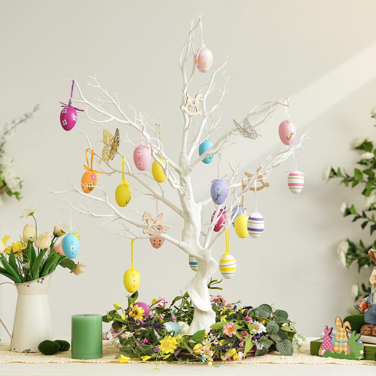Albero Artificiale Pioggia Dorata Con Fiori Bianchi - 150 Cm, In Vaso Di Cemento Con Tronchi Naturali