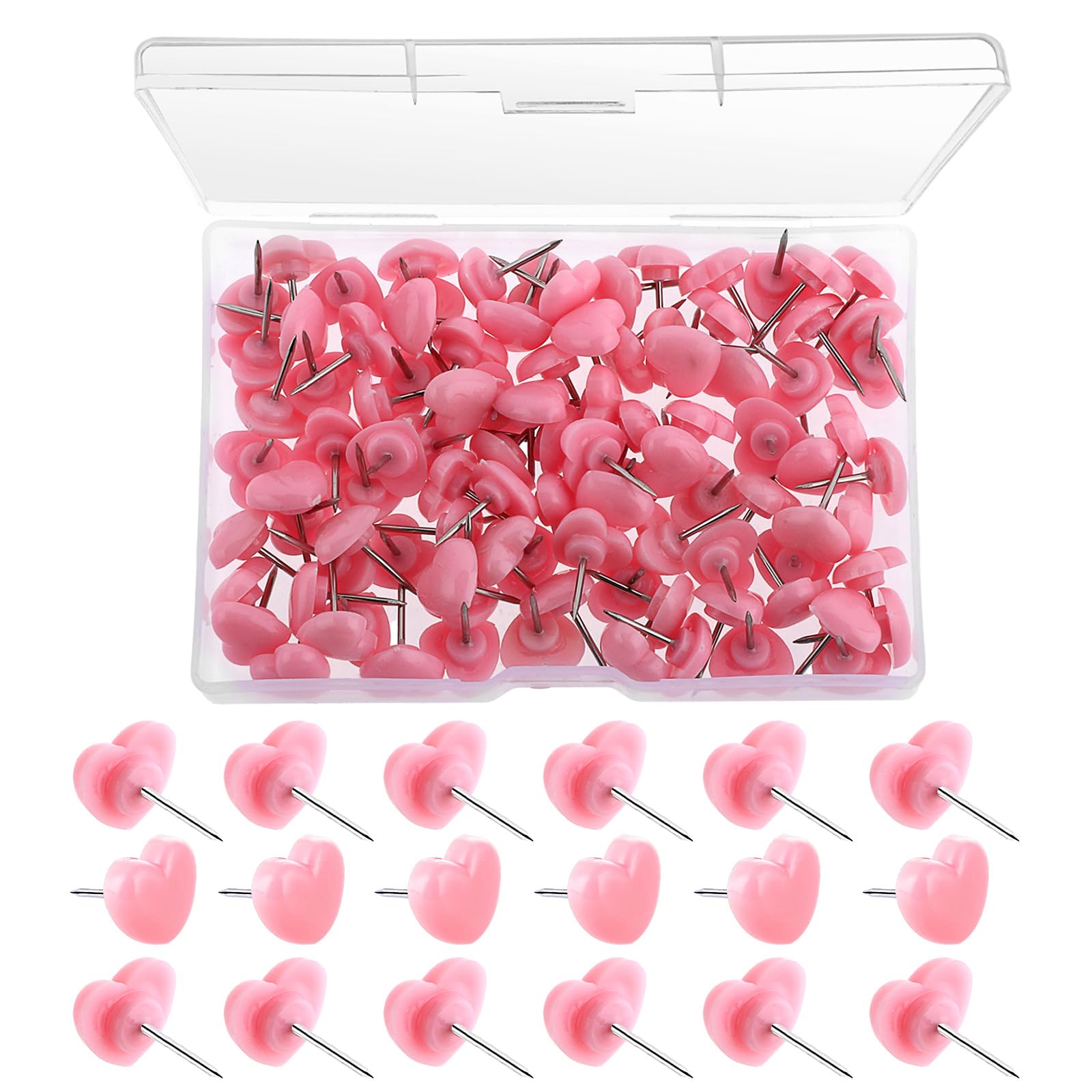 Ptwola 100 Pcs Pink Plastic Push Pins Heart Shaped Standard Steel Point Decorative Cute Thumb Tacks for Maps School Office Posters Wall Hanging Postcards Bulletin Boards Home Cork Boards