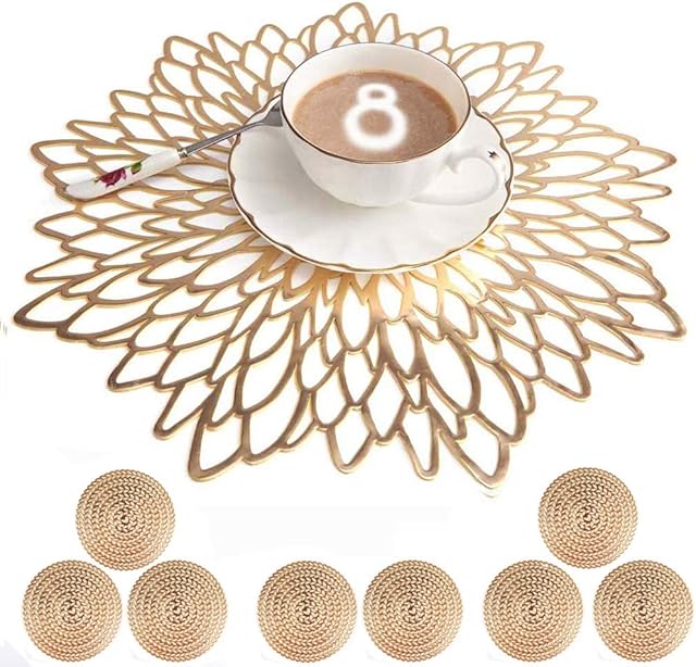 Mangata Gold Placemats and Coaster Sets of 8, Round Table Placemats for Christmas, Wedding, Dinner Parties, Restaurant, Hotel, 38cm, 15.5inches
