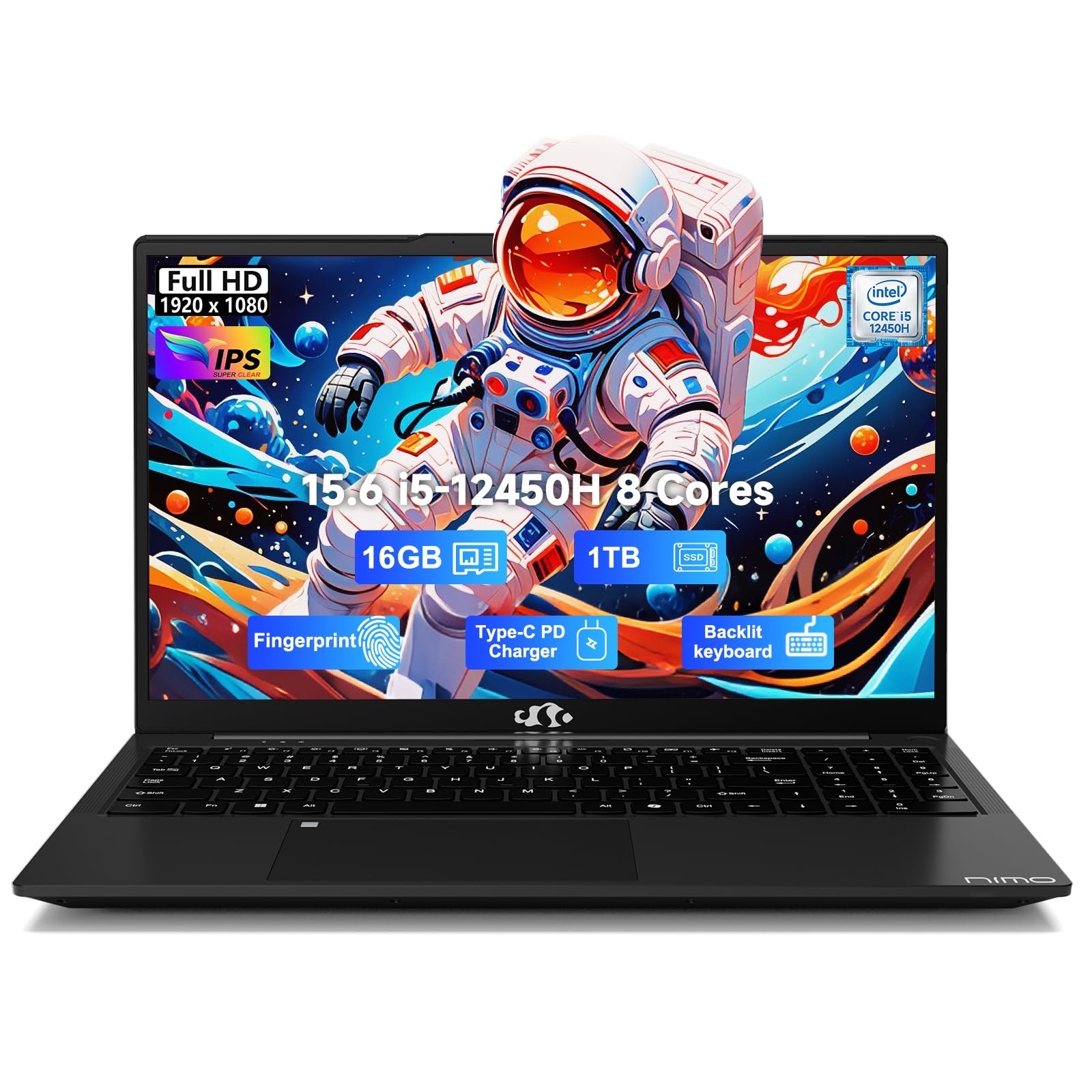 NIMO 15.6" FHD-IPS-Business-Laptop, 8 Cores Intel i5-12450H 16GB RAM 1TB SSD (Beat i7-11800H, Up to 4.4GHz) Backlit Keyboard Computer, 100W Type C Fingerprint WiFi 6 Numpad Win 11