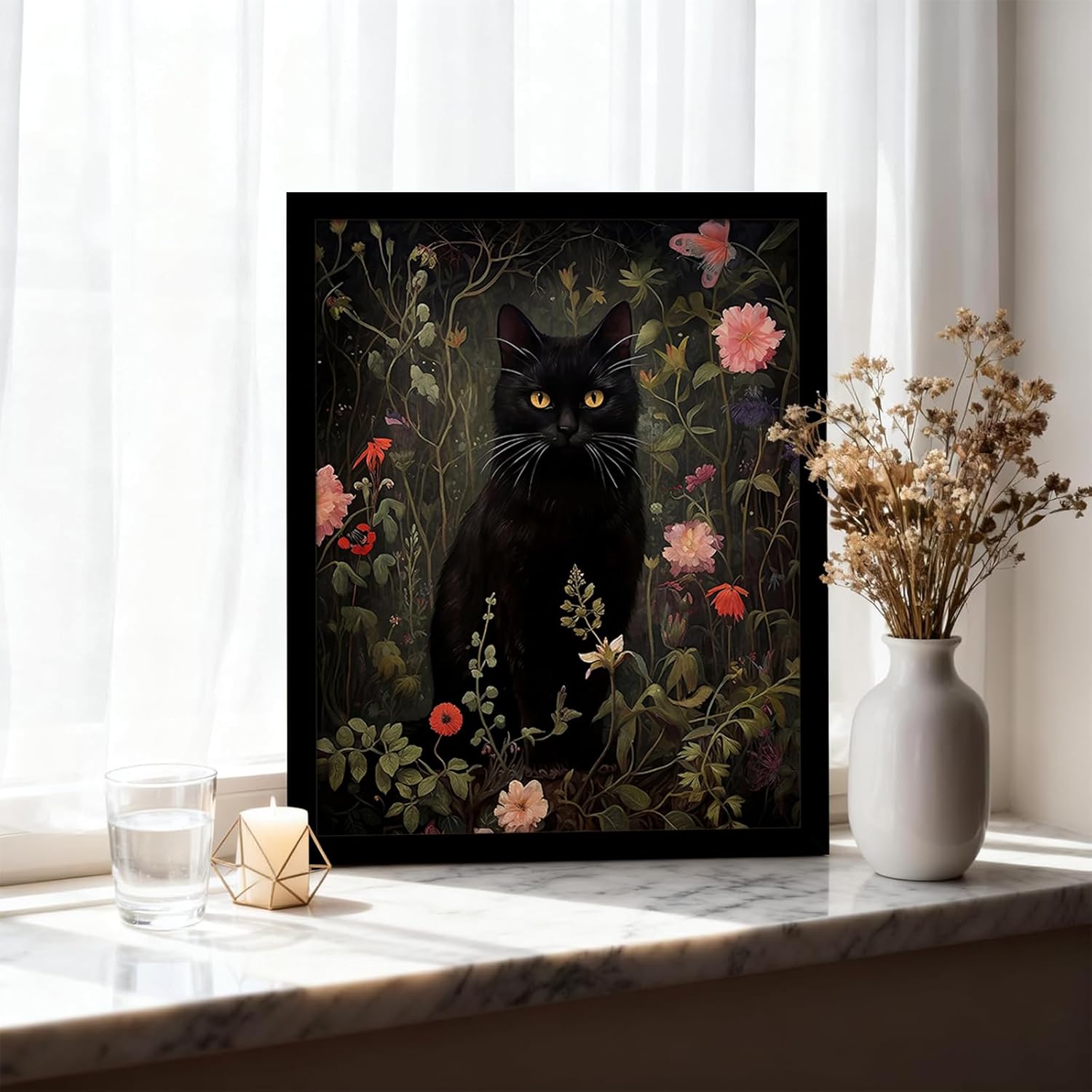 Black Cat Wall Art with Wooden Frame – Vintage Floral Cat Painting, Gothic Dark Academia Framed Picture, Antique Moody Cottagecore Wall Decor Print 12×16 Inch