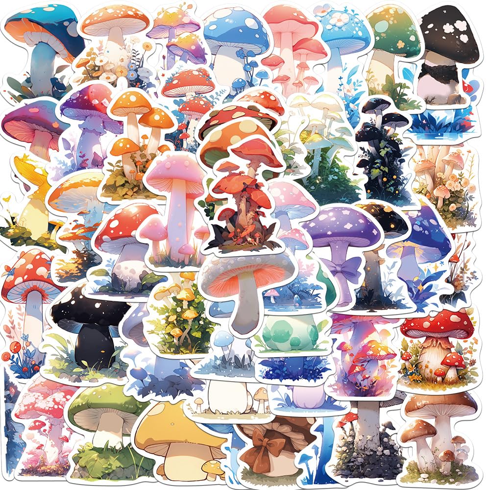 Auceko Women's Watercolor Mushroom 50Pcs Stickers For Teens - Vinyl Pack For Skateboard, Guitar, Door, Laptop, Luggage, Car, Bike, Water Bottle - Birthday Party Supplies