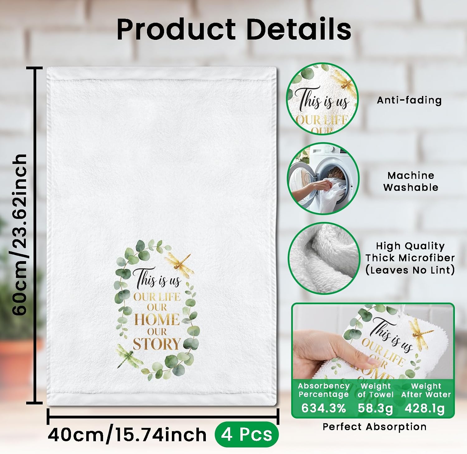 CUTHOLLOW 4Pcs Eucalyptus New Home Kitchen Towels Cute Tea Towels image 2