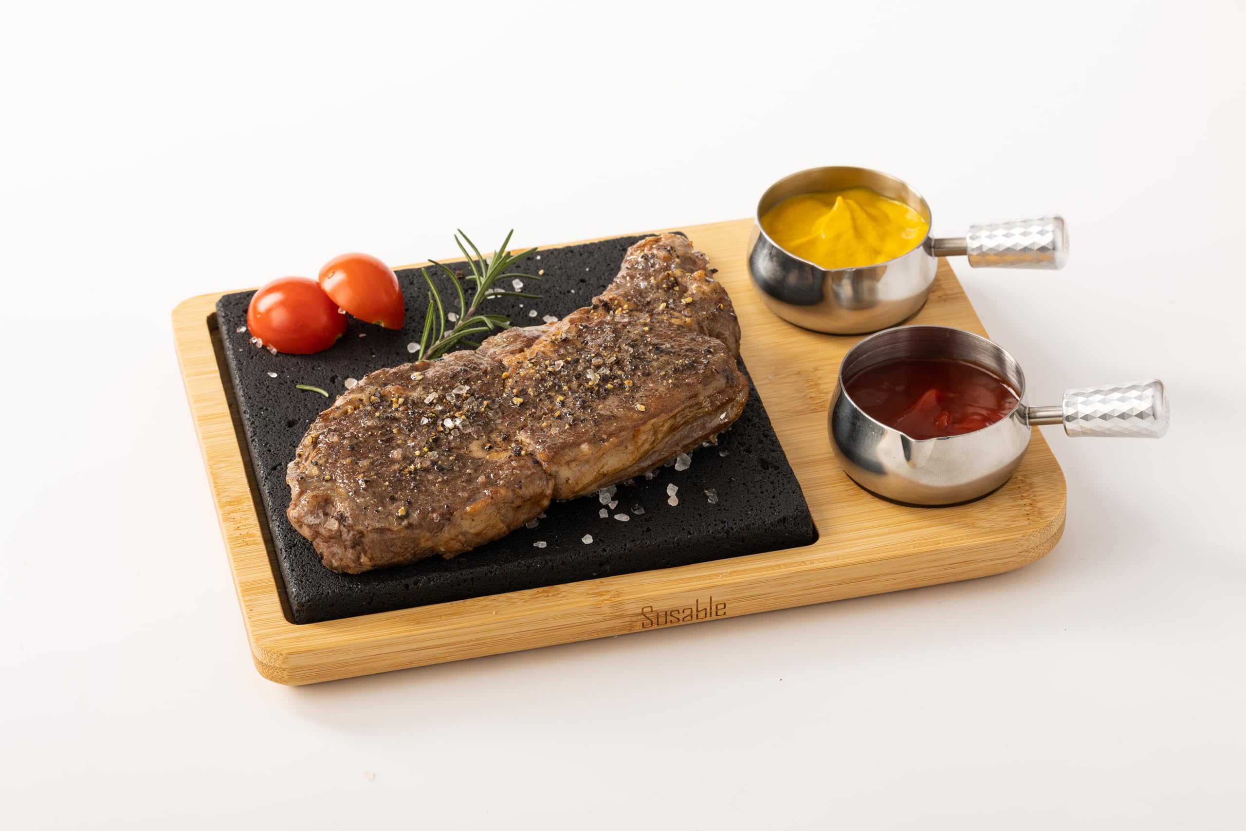 Susable Lava Stone Steak BBQ Serving Board Set, Hot Stone Stone Grill Set Made of Bamboo Board, Lava Stone