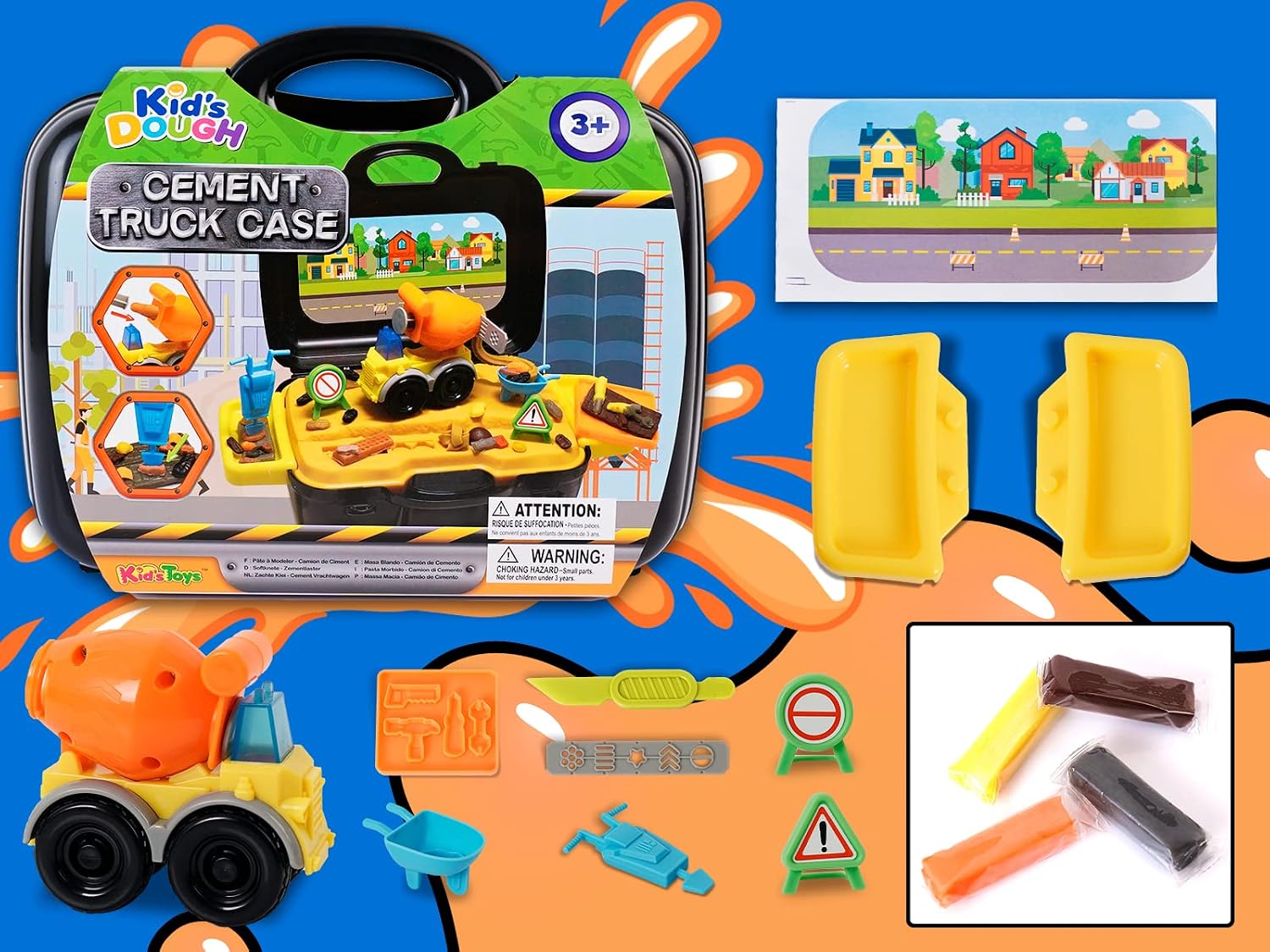 Crelloci Cement Mixer Color Dough Set, Construction Truck Tools Kit, DIY Art & Craft Playset Toys with Portable Case for Kids Boys Ages 3+, with Molds Non-Toxic Modeling Clay 4 Colors