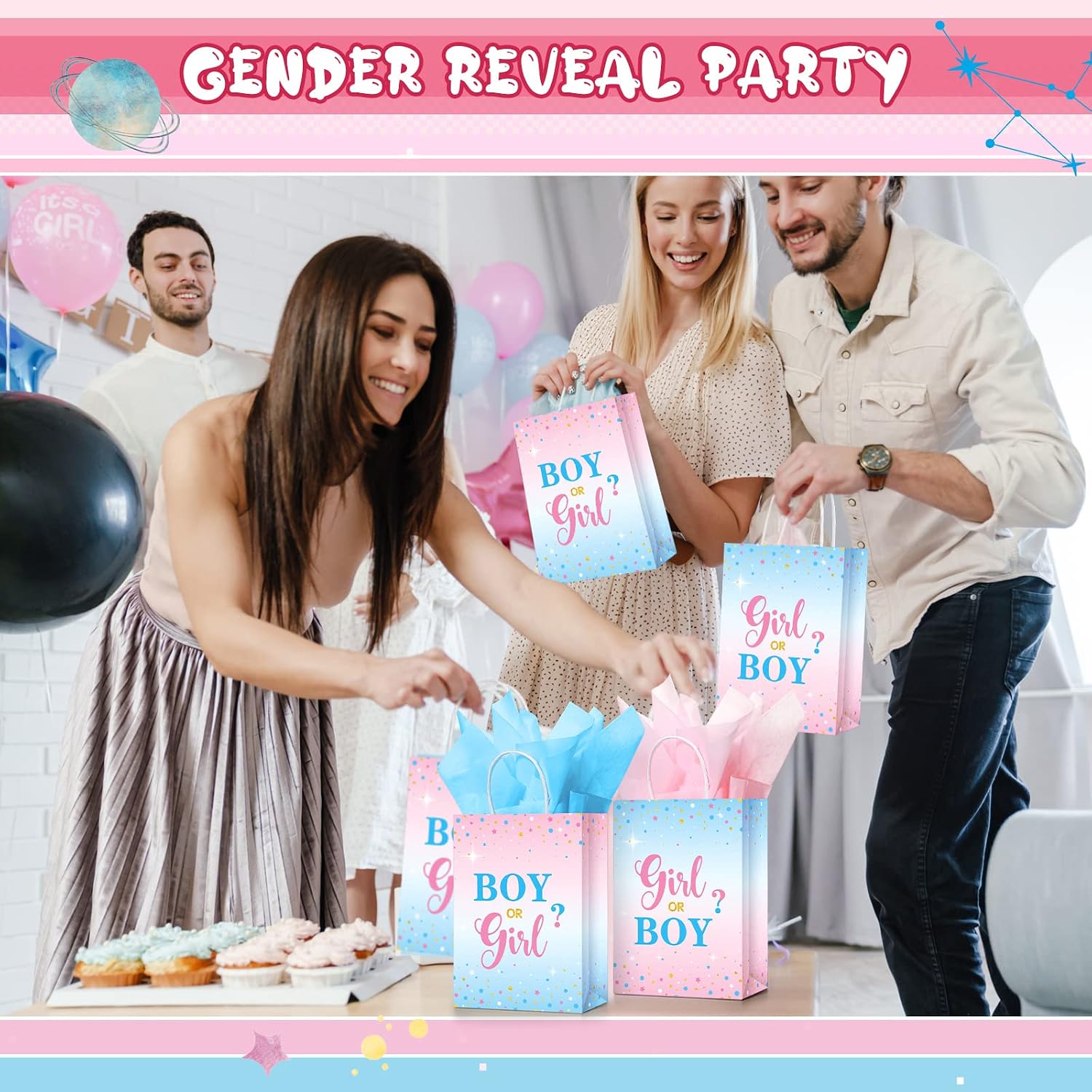 Tinlade 30 Set Gender Reveal Party Gift Bags with Tissue Paper Baby Shower Party Gender Reveal Paper Bags with Handles