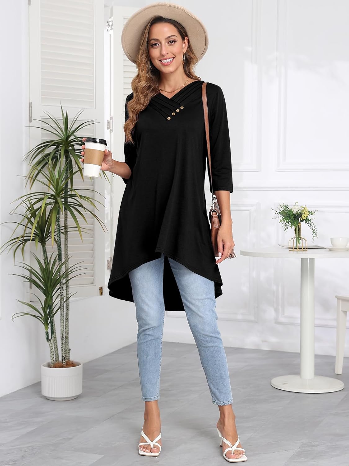 Naggoo Womens Long Shirts for Leggings 3/4 Sleeve Tunic Tops Loose Fit Dressy Casual V Neck High Low Tops Button Decor - Image 5