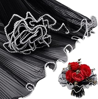 BENECREAT 4.37 Yards Black Flower Wrapping Mesh Paper, Pearl Edge Bouquet Packaging Paper Wrinkled Translucent for Wedding Decor, Florist Supplies Wedding Festival Gifts Packaging