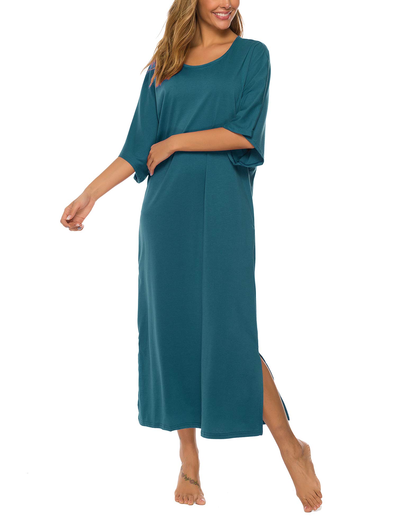 Nightshirts for Women Plus Size lougewear Round Neck Long Nightgown with Pockets Peacock Blue
