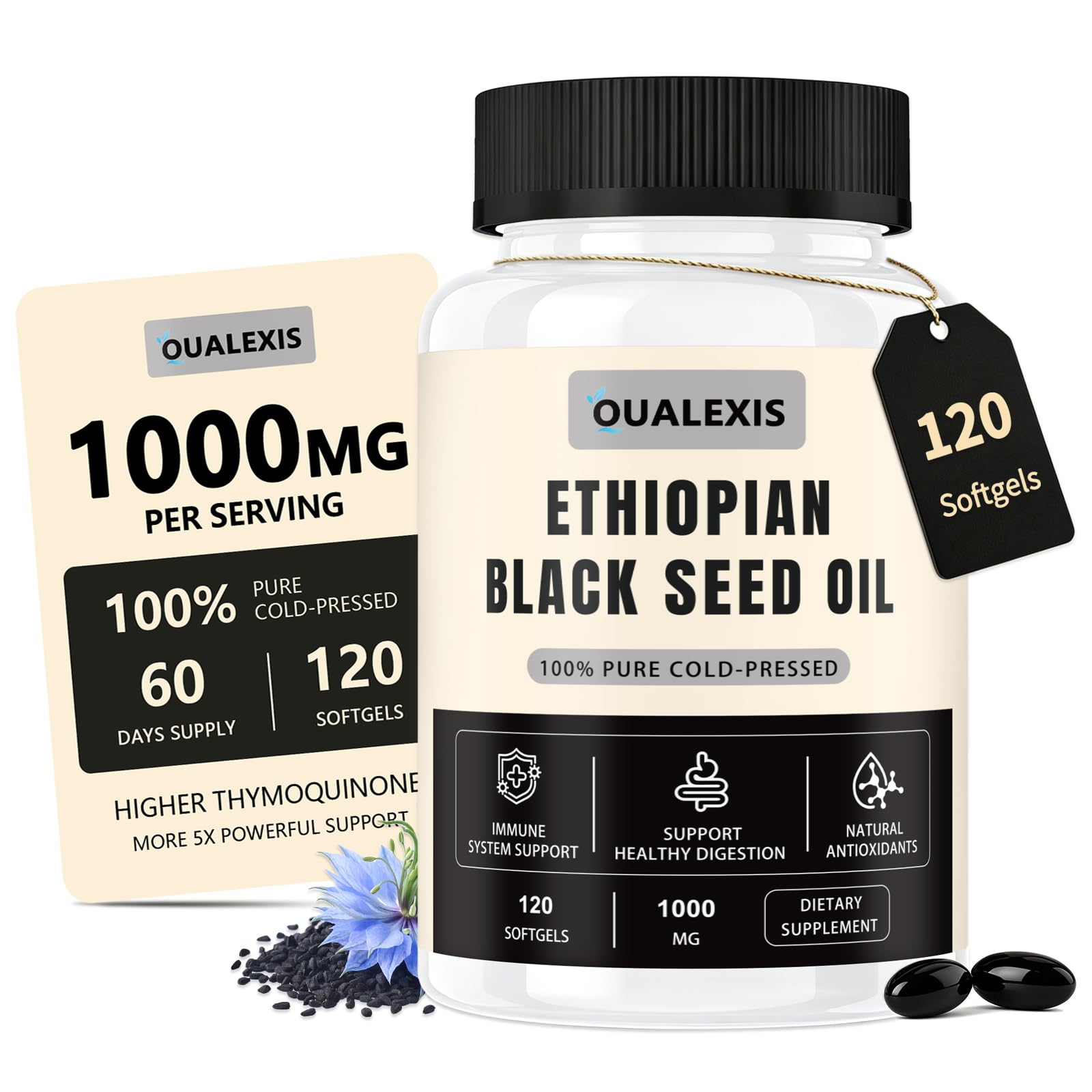 Ethiopian Black Seed Oil Capsules - 4.64% Thymoquinone, 120 Count, 1000mg Organic Cold Pressed Black Cumin Seed Oil Softgels, Non-GMO, Gluten-Free, Immune & Digestive Support