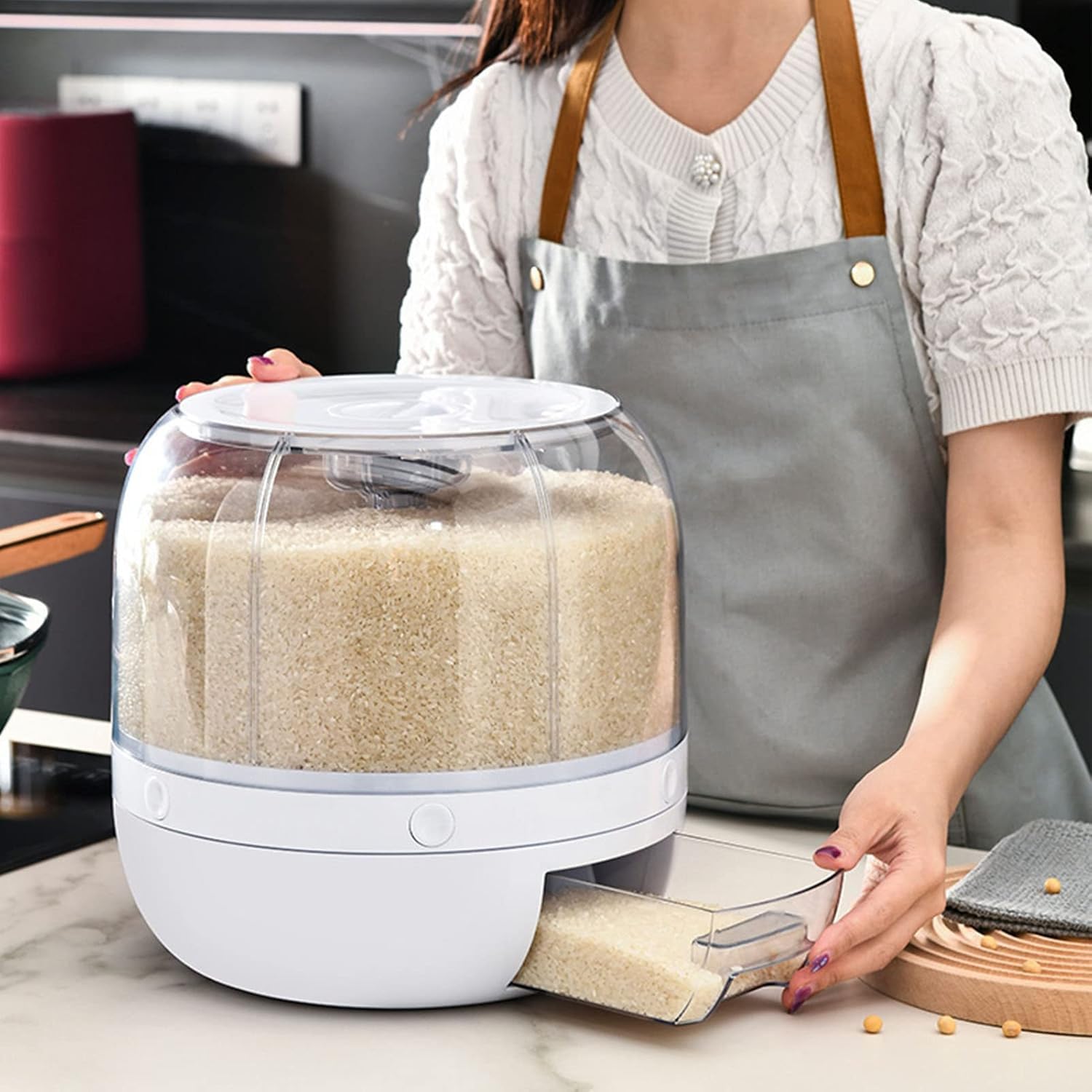 Dispenser di riso, distributore di cibo, distributore di cereali 6 griglie Rotazione in PP Organizzazione per la conservazione del grano a prova di insetto per la cucina domestica(10KG)