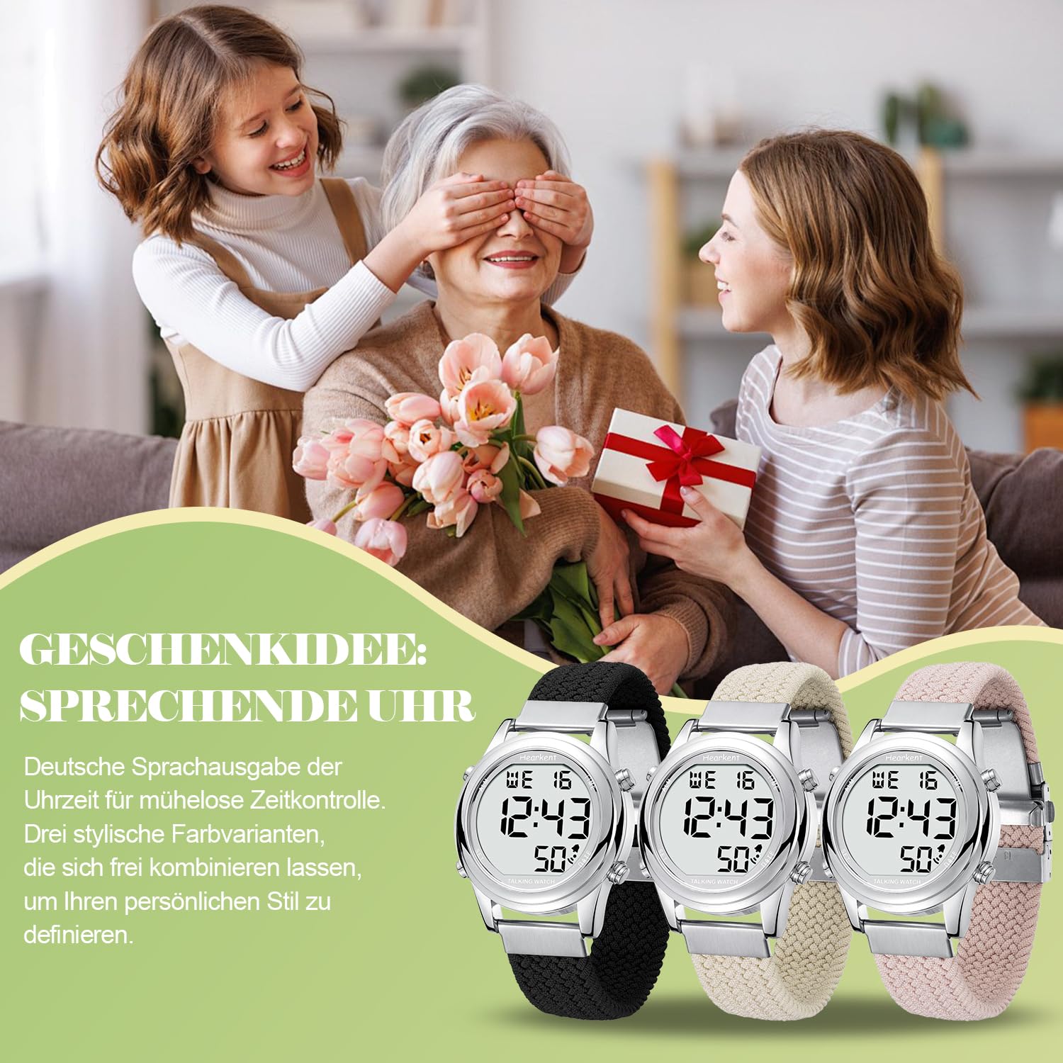 Hearkent Orologio digitale parlante da donna con voce tedesca piacevole LCD grandi numeri orologio per ipovedenti, anziani o ciechi