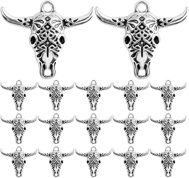 50pcs Antique Silver Hollow Cow Skull Charms Vintage Alloy Western Animal Pendant Cattle Head Dangle Charms for DIY Necklace Bracelet Keychains Jewelry Craft Making
