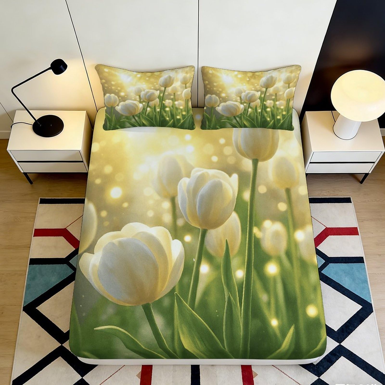 3D Printed Tulip Fitted Sheet Microfiber Deep Pocket Non-Slip Bedroom Bedding Tulip Mattress Fitted Cover Washable Adult Use 140x200x25cm