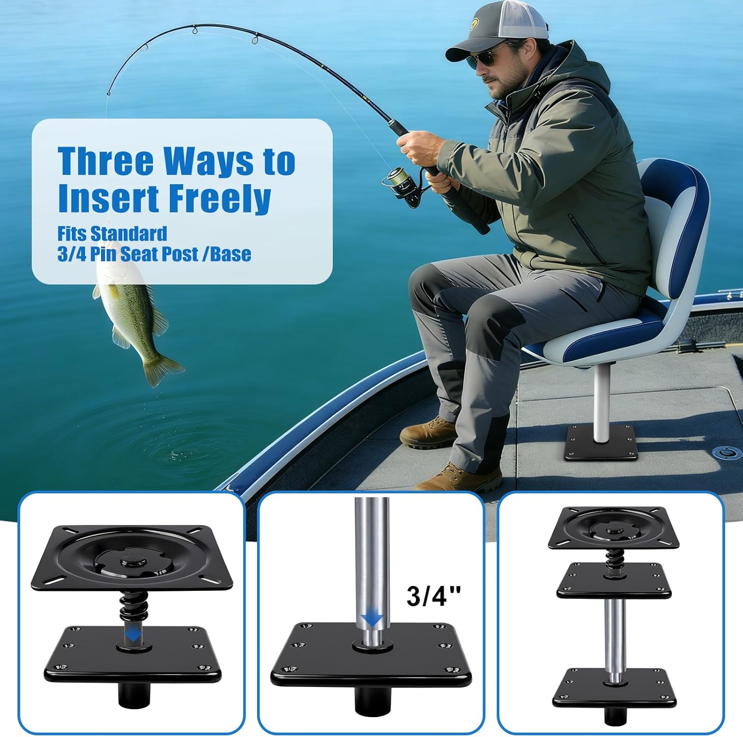 2PCS Boat Seat Base Mount, 7”x7”Aluminum Boat SeatPedestal Plate for 3/4" Pin Post Socket，Marine Base Pedestal Bracket for Most Marine Fishing Pontoon Bass,Black