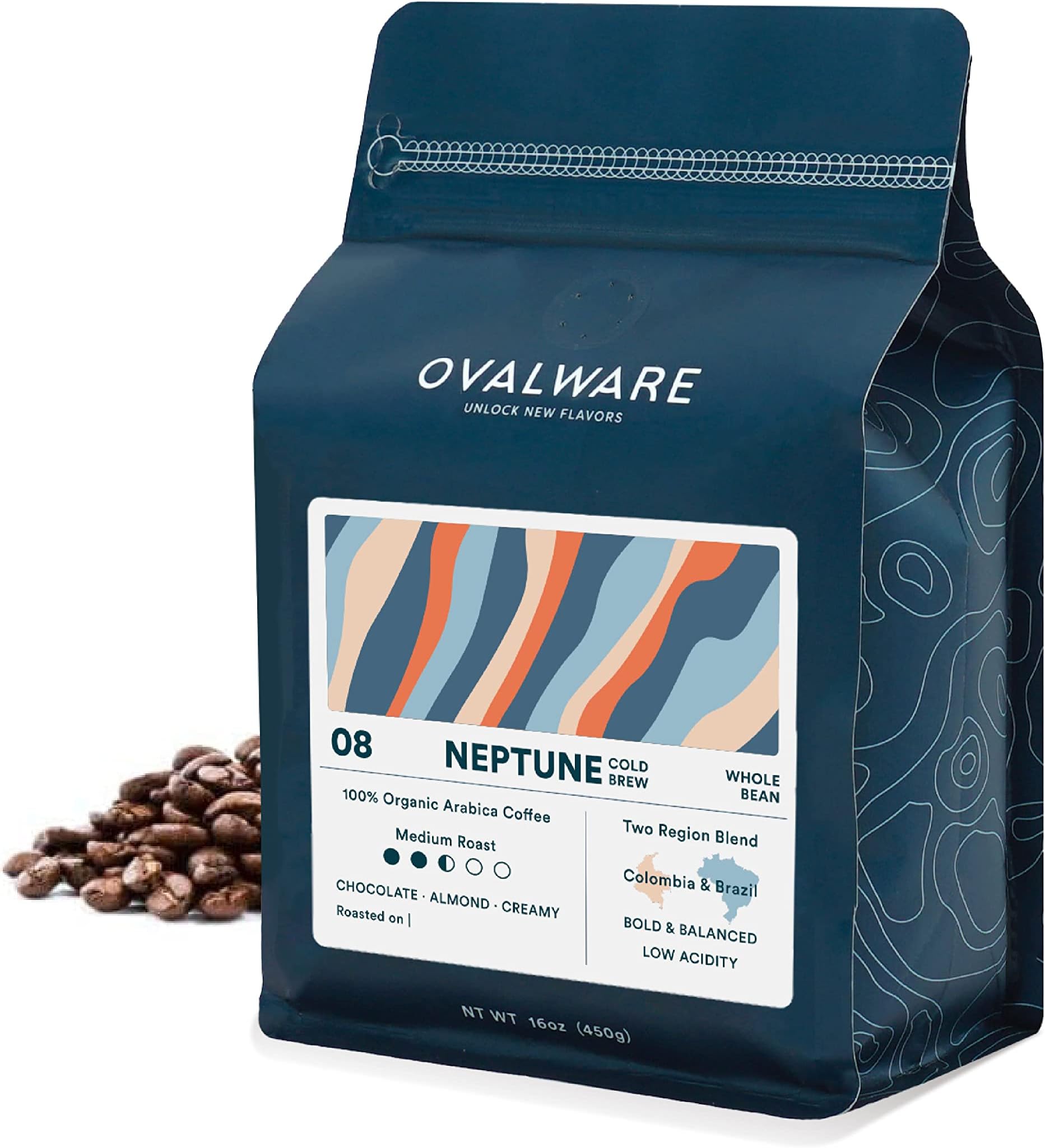 OVALWARE 08 Neptune - Cold Brew, Organic Medium Roast Whole Coffee Bean, Colombia and Brazil Blend (1lb / 16oz)
