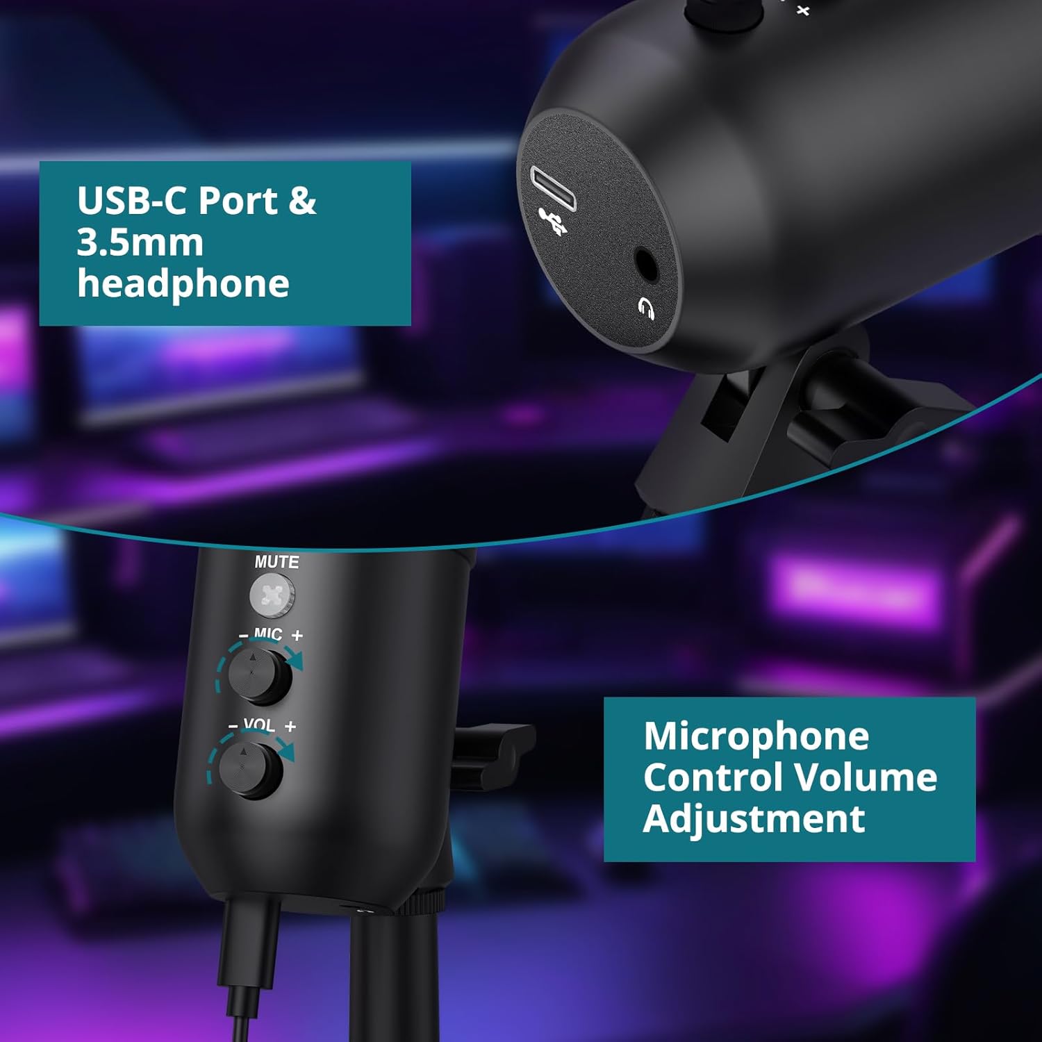 USB Gaming Microphone with RGB Lights Stand for PC, PS4, PS5 — Condenser Microphone Mute Headphones Jack, Noise Cancellation, Gain Control USB/XLR | Gaming, Podcasting, Streaming