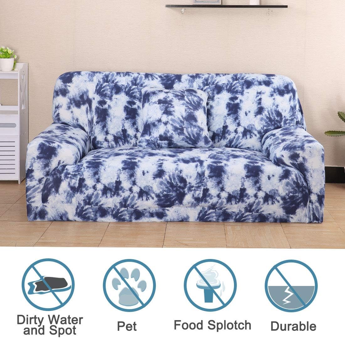uxcell Stretch Sofa Cover Tie-dye Craft Graffiti Printed Couch Slipcovers Elastic Furniture for Sofas Armchair with One Pillowcase Blue X-Large