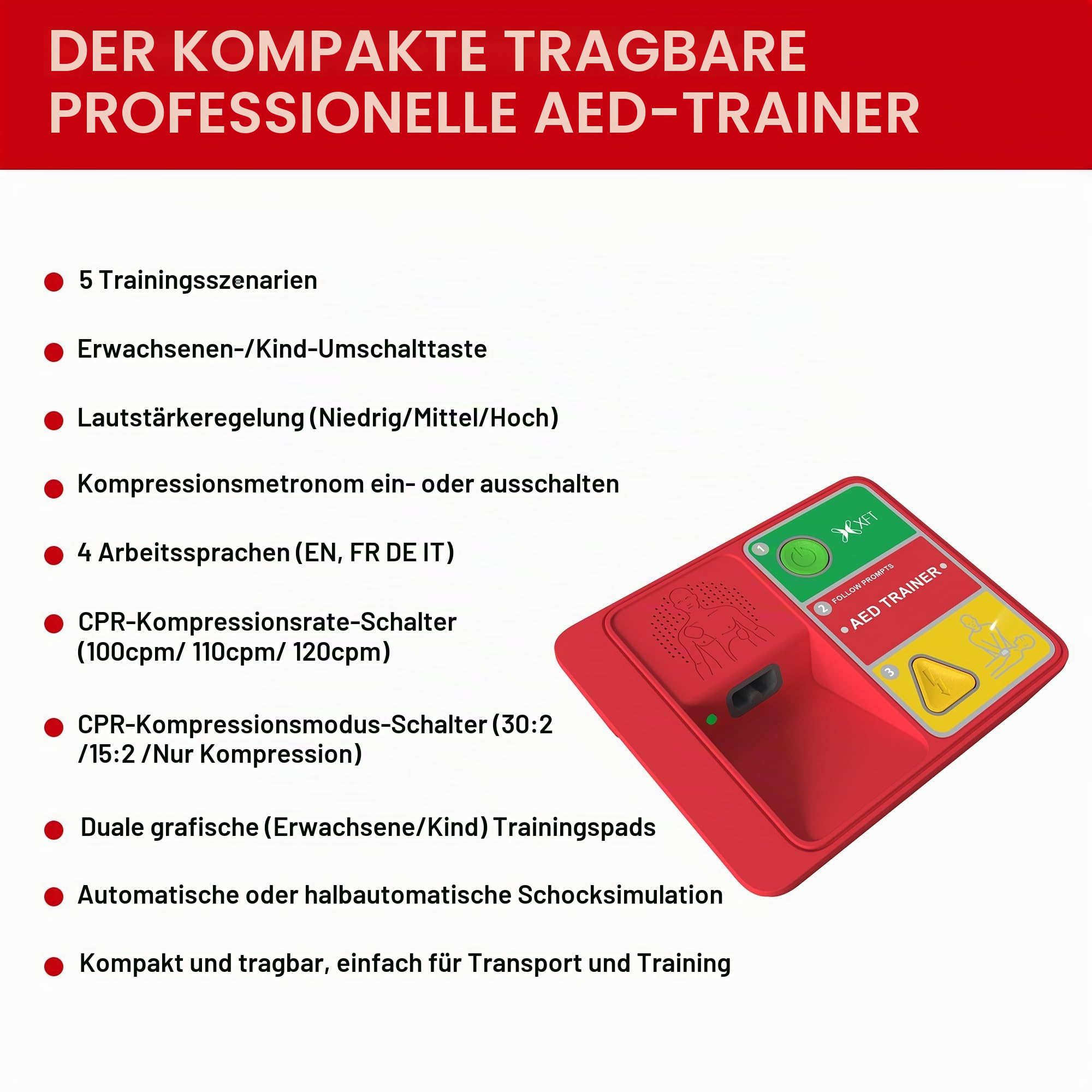 AED-Trainer, Defibrillator-Trainingsset, CPR-Trainergerät, Sprachansagen in Deutsch, Englisch, Französisch und Italienisch, 5 Szenarien, Erste-Hilfe AED Defibrillator Trainer für Auszubildende
