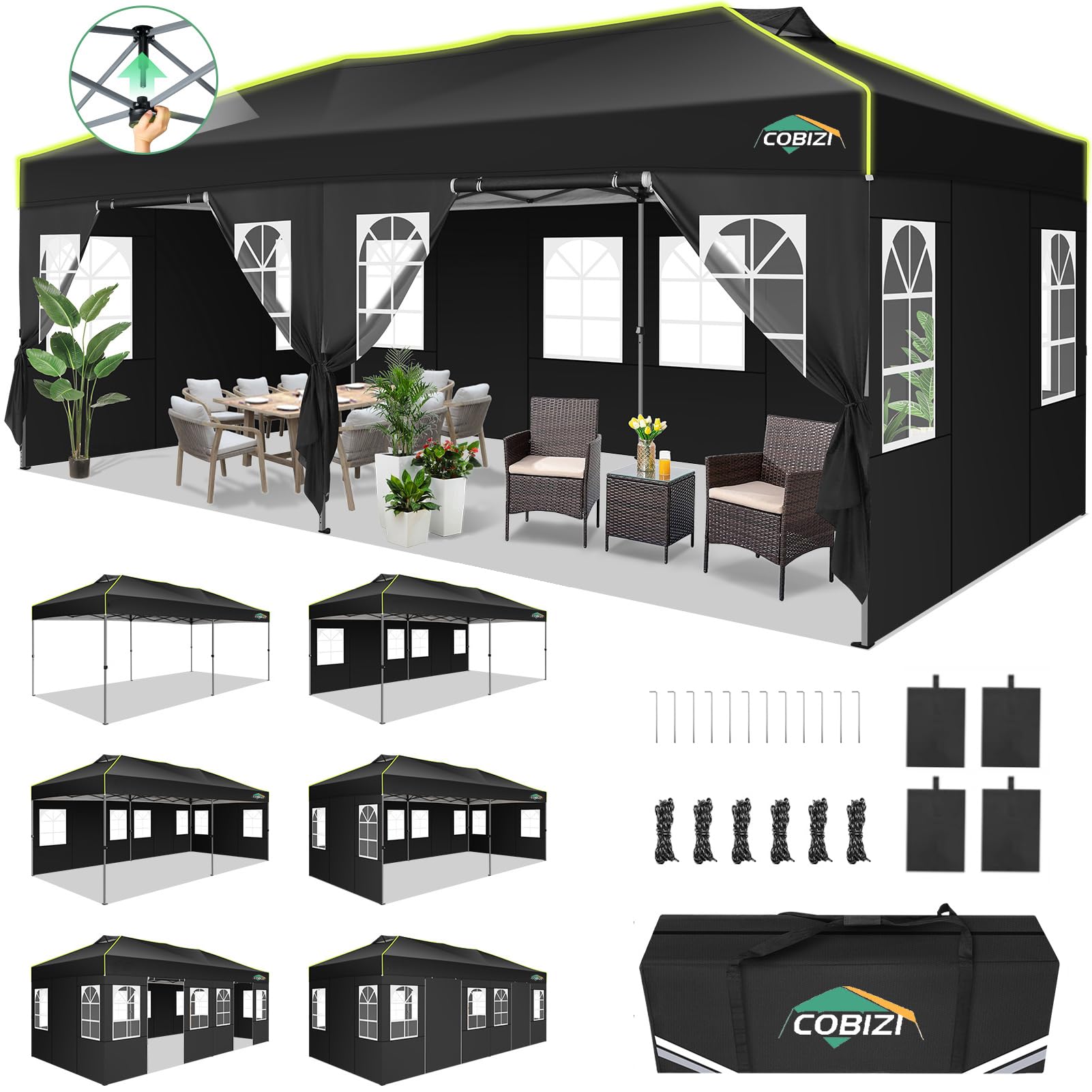  COBIZI 10x20 ft Pop Up Canopy Tent with 6 Removable Sidewalls, Outdoor, Black | One-Push Setup, Air Vent, 3 Adjustable Heights, Carry Bag And Sandbags For Parties, Weddings And Commercial Events
