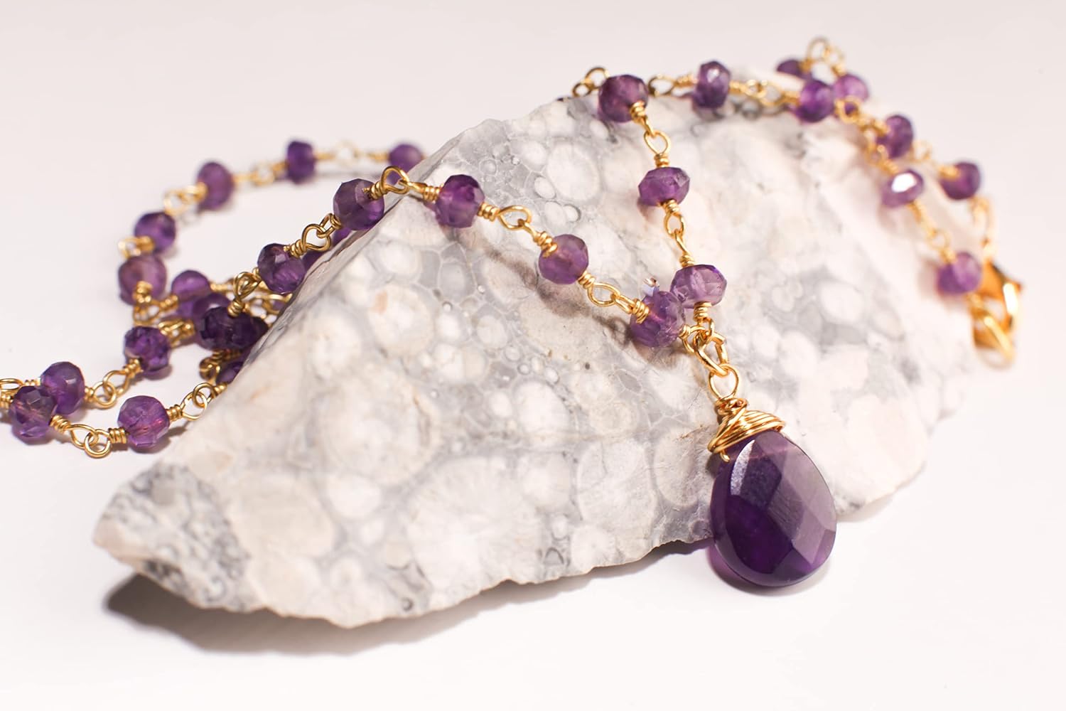 Brazilian Amethyst Wire Wrapped Faceted 10x12mm Pear Drop Pendant Necklace with Amethyst Beaded Rosary Chain 16"to 24" Necklace, February Birthstone, Gift