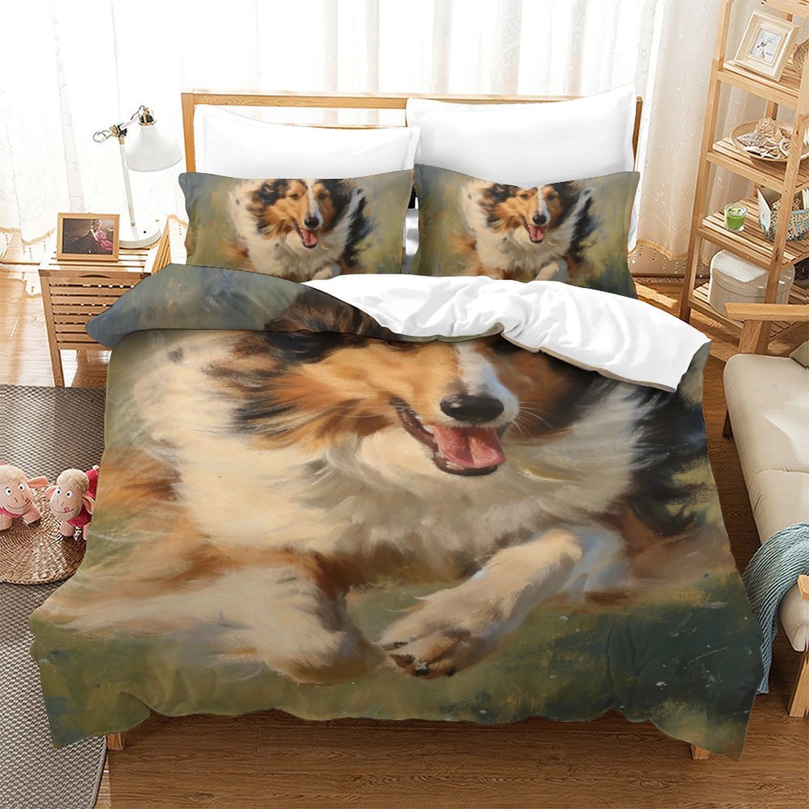 Housse de couette 140x200cm motif chien 3D avec 2 taies d'oreiller SheepLe en microfibre