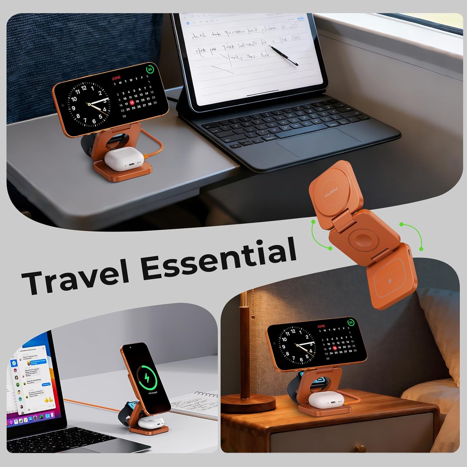 KU XIU Qi2.2 25W 3-in-1 Charging Station for Apple Device, Foldable Magnetic Charger for iPhone 17/16, 5W for Apple Watch & AirPods, Fast Travel Wireless Charging Stand with 45W Adapter