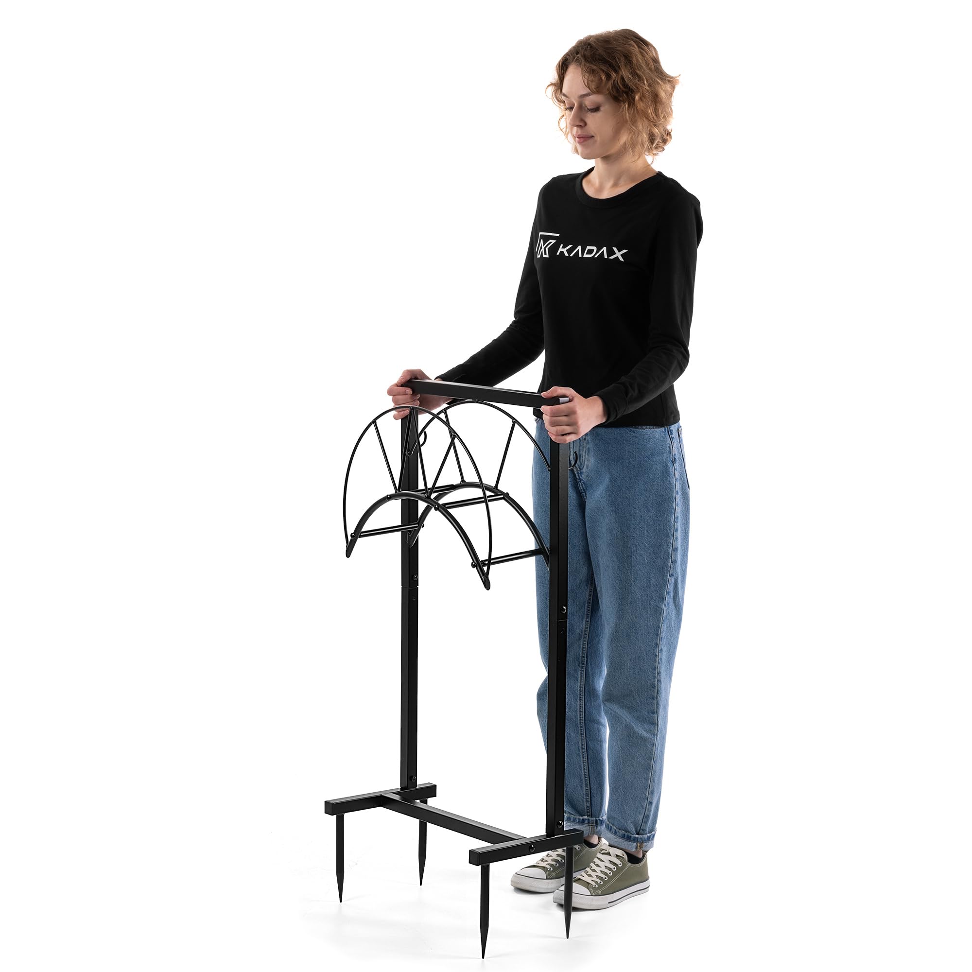 KADAX Wolnostojący uchwyt na wąż ogrodowy 45 x 85 cm, uchwyt na wąż z malowanego proszkowo żelaza, uchwyt na wąż do 45 m, uchwyt na wąż (Czarny)