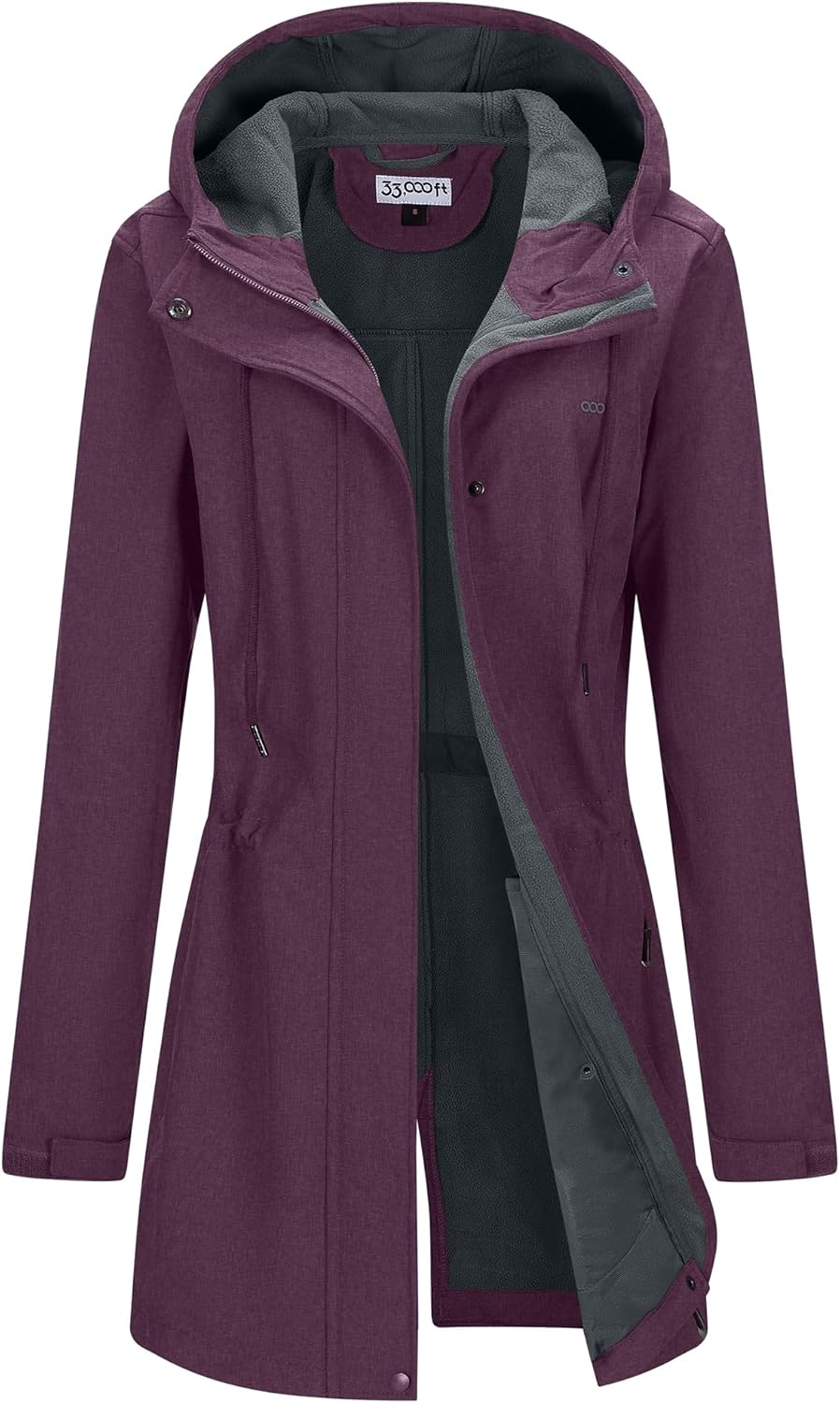 33,000ft Women's Softshell Long Jacket with Hood Fleece Lined Windproof Warm up Waterproof Windbreaker