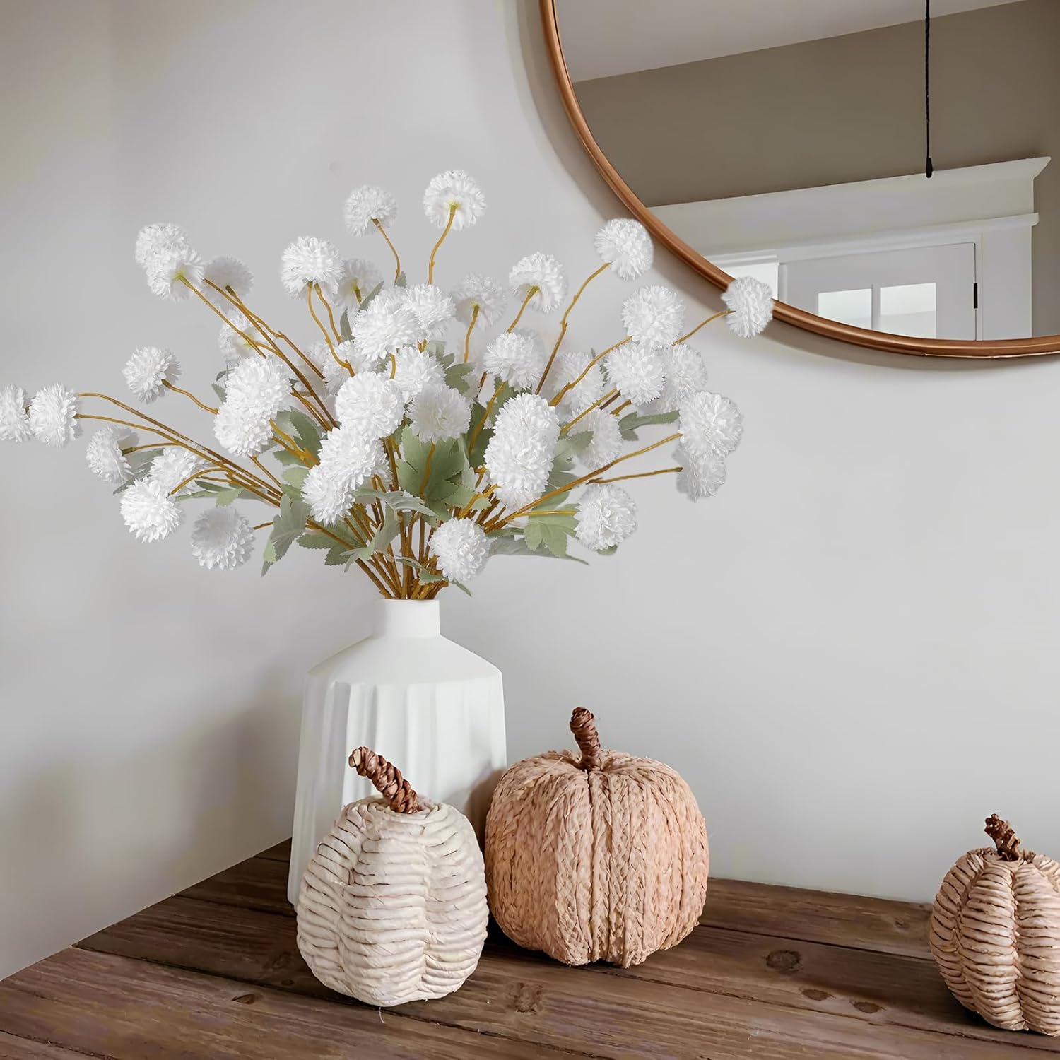 Hananona 12 Pcs Artificial Kiku Flowers, Fake White Chrysanthemum Pom Pom Mums Flower Faux Floral Arrangements Wedding Centerpiece for Fall Home Kitchen Decor (12, White) - Image 7