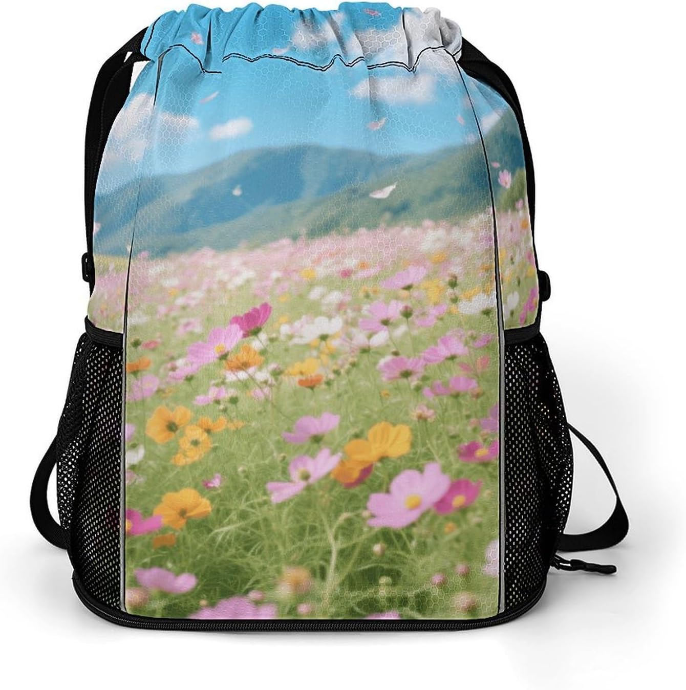 Small Gym Bag Spring Flower Fields Printed Drawstring Gym Bag for Men Lightweight Waterproof Drawstring Backpack for Women with Shoe Compartment for Travel Tourism Work And Fitness