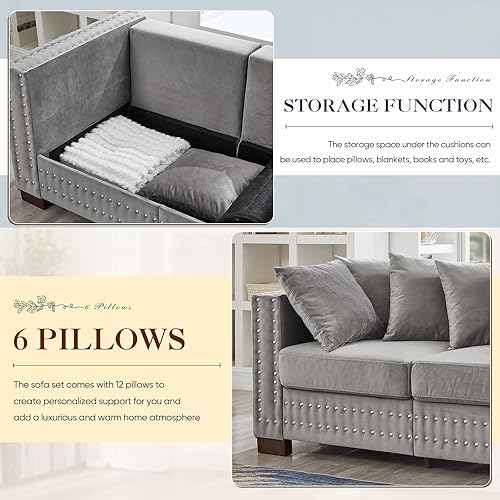 Miniatura 5 de Sofá moderno de mediados de siglo de 84.5 pulgadas de ancho con almacenamiento, sofá tapizado de terciopelo, sofá Chesterfield de asiento profundo